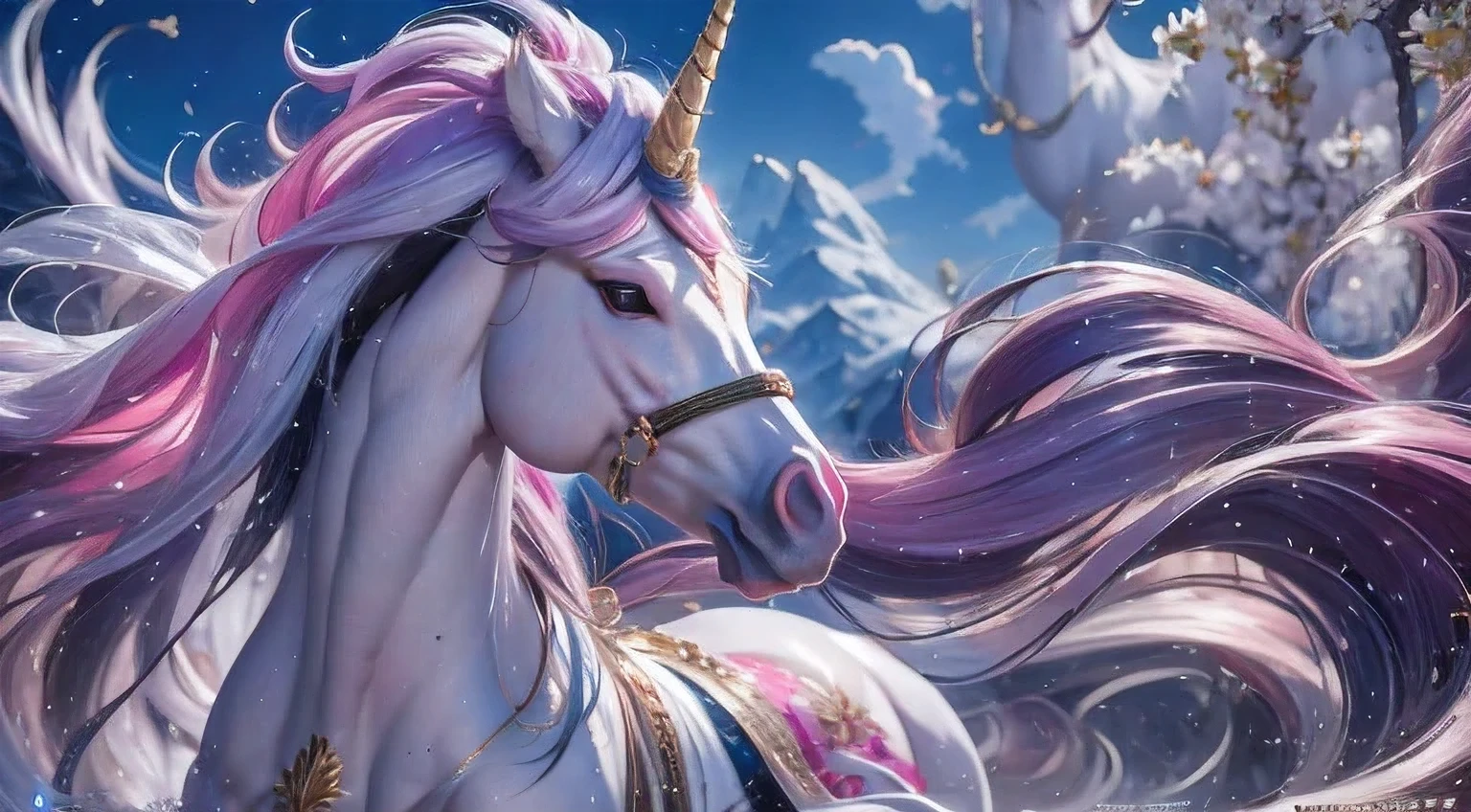 there is a unicorn with a long mane and a pink dress, white unicorn, unicorn, a unicorn, 8k high quality detailed art, 4 k detail fantasy, 4k fantasy art, detailed digital anime art, trending on artstation pixiv, 2. 5 d cgi anime fantasy artwork,