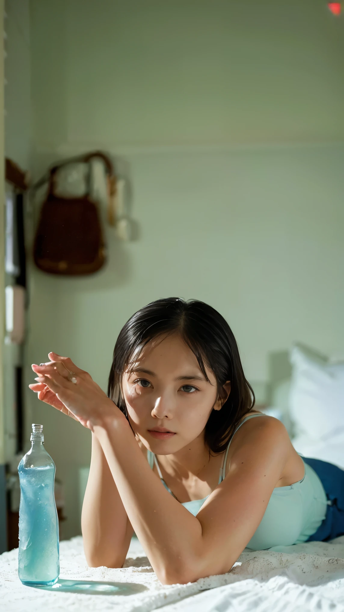 (((highest quality,Very detailed,masterpiece,Very detailed))) ,(((Bend your knees))),loose breast,See through,camisole,one piece,barefoot,One Girl,Realistic,Lying down,Bedroom、Looks sleepy