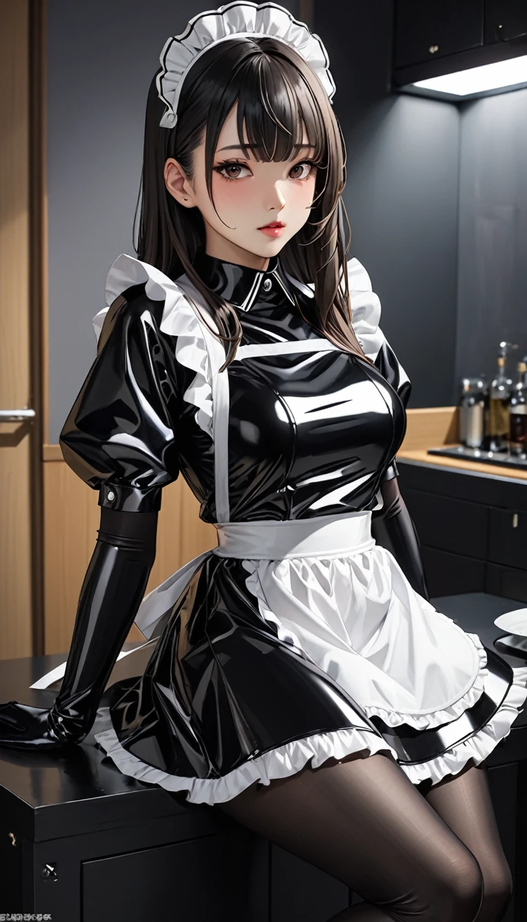(masterpiece,highest quality,超A high resolution),Japanese women, (((Very beautiful 25 year old girl))),(Black latex maid outfit)、Black latex long skirt、Black latex long sleeve shirt、Long gloves in black latex、black latex tights、The clothes fit very well、White latex waist-length apron、Latex has a very strong shine、Dark Room