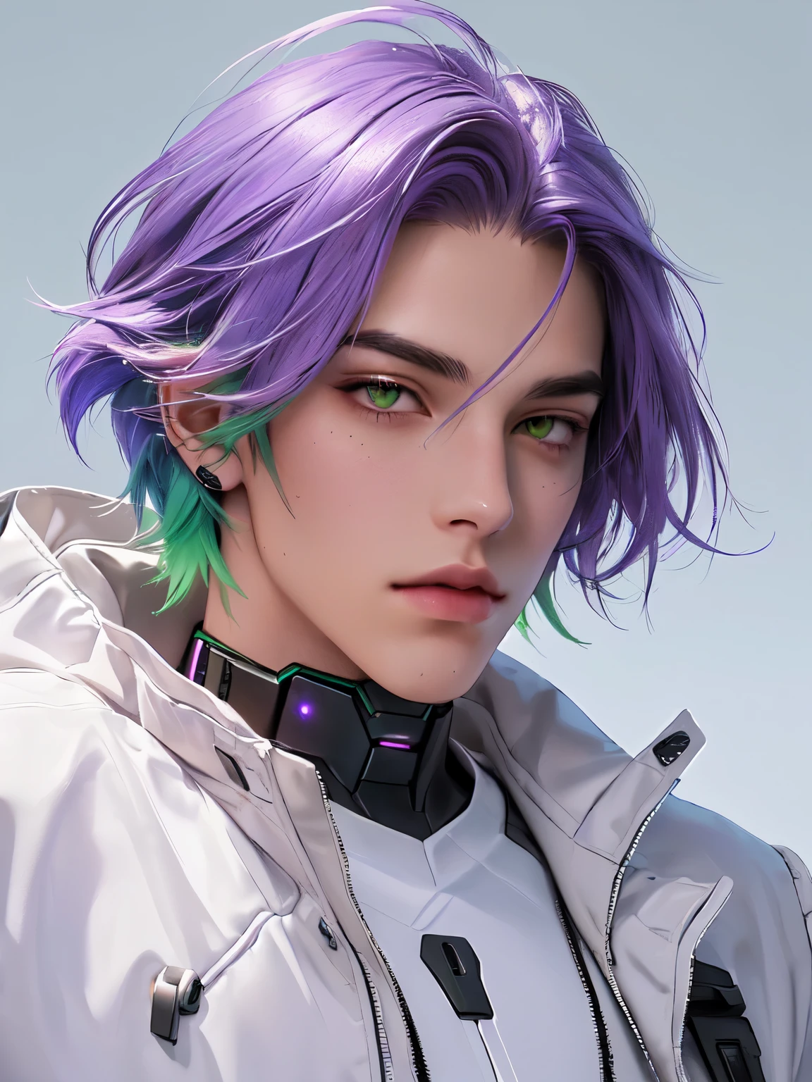a boy with purple hair and green hair, lilac hair, wolf ear, cyberpunk jacket, futuristic suit, light neon suit