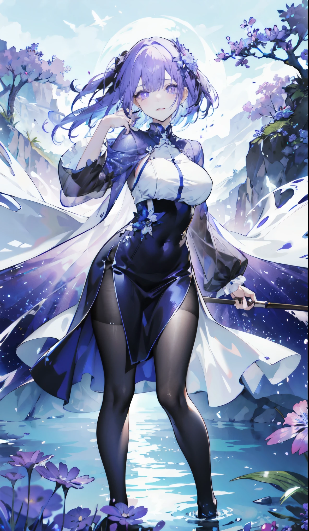 ((masterpiece:1.4,best quality)),(Super detailed),(Extremely detailed eyes),(Black leggings,Shiny socks:1.5),Hello Darkness
((Sexy Girl,Large Breasts)),(Blood-red pupils,Diamond-shaped pupil:1.15),Purple Eyeshadow,(Elongated hair,Thick hair,shiny hair:1.5)(Variza:1.2),Fair skin,despair,Grief,Empty eyes,Tears streaming down my face,tilt head to one side,Kneel down
(She wears blue armor,Tight cheongsam,:1.5),Very long plush sleeves,White,White Cloud,Dream bubbles ,Ice and glitter effects
(Black long skirt:1.1),
(dawn:1.2),
(Intense black and white:1.16),(Depth of Field:1.4),,Intricate details,(Sky Castle,Standing on the lake,Purple flowers by the lake)
