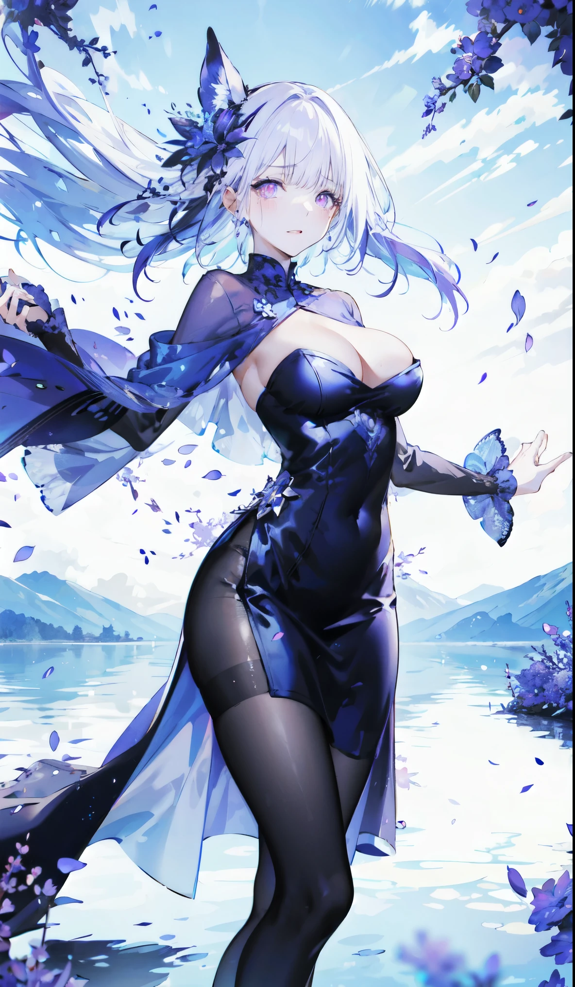 ((masterpiece:1.4,best quality)),(Super detailed),(Extremely detailed eyes),(Black leggings,Shiny socks:1.5),Hello Darkness
((Sexy Girl,Large Breasts)),(Blood-red pupils,Diamond-shaped pupil:1.15),Purple Eyeshadow,(Elongated hair,Thick hair,shiny hair:1.5)(Variza:1.2),Fair skin,despair,Grief,Empty eyes,Tears streaming down my face,tilt head to one side,Kneel down
(She wears blue armor,Tight cheongsam,:1.5),Very long plush sleeves,White,White Cloud,Dream bubbles ,Ice and glitter effects
(Black long skirt:1.1),
(dawn:1.2),
(Intense black and white:1.16),(Depth of Field:1.4),,Intricate details,(Sky Castle,Standing on the lake,Purple flowers by the lake)