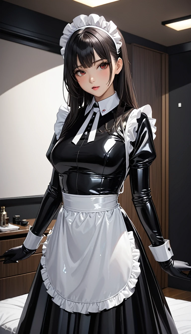 (masterpiece,highest quality,超A high resolution),Japanese women, (((Very beautiful 25 year old girl))),(Black latex maid outfit)、Black latex long skirt、Black latex long sleeve shirt、Long gloves in black latex、black latex tights、The clothes fit very well、White latex waist-length apron、Latex has a very strong shine、Dark Room