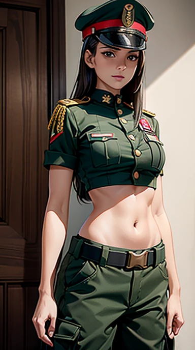 
Women in crop top soldier uniform, soldier hat, medal on the ?????,  exposed abdomen area, very low waist cargo pants, navel, 45 years-old, high ranking , facing 