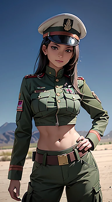 
Women in crop top soldier uniform, soldier hat, medal on the chest,  exposed abdomen area, very low waist cargo pants, navel, 45 years-old, high ranking , facing 
