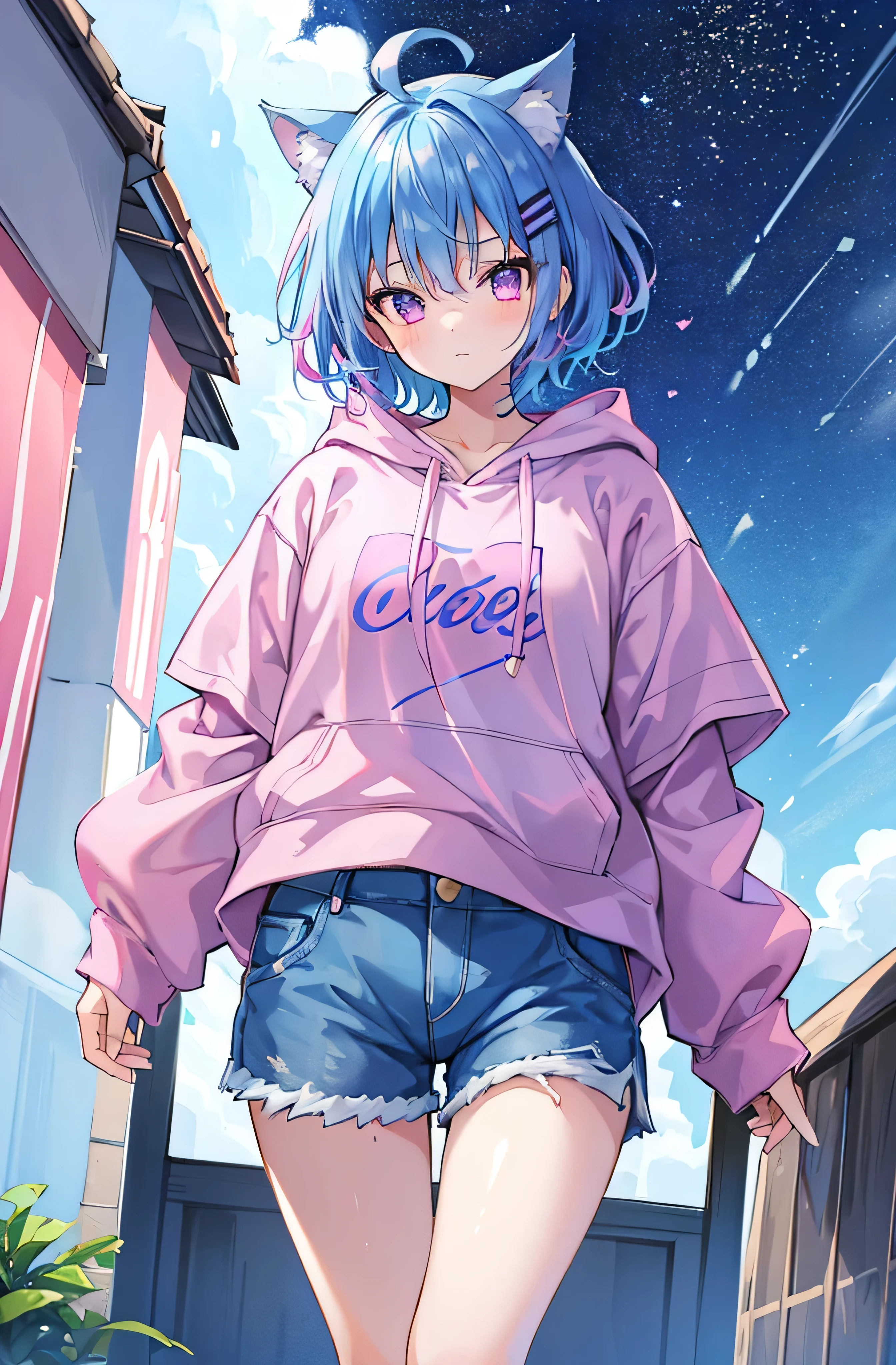 1girl, , girl/female/woman, beautiful girl, short blue hair with pink highlights, blue hair, detailed blue hair, pink highlights in hair, pink eyes, detailed eyes, perfect eyes, female figure, wearing shorts, casual sport shorts women, running cotton shorts women, hoodie, hoodie for woman, cute, cute girl, cat ears, she has cute cat ears, perfect image, 4k image, high resolution, best image, high quality, best image ever, masterpiece