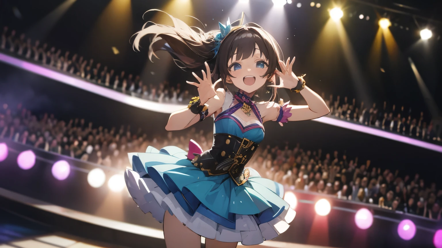 Idol Costumes,Idol Pose,Anime Style,highest quality,stage,mini skirt,Laugh brightly