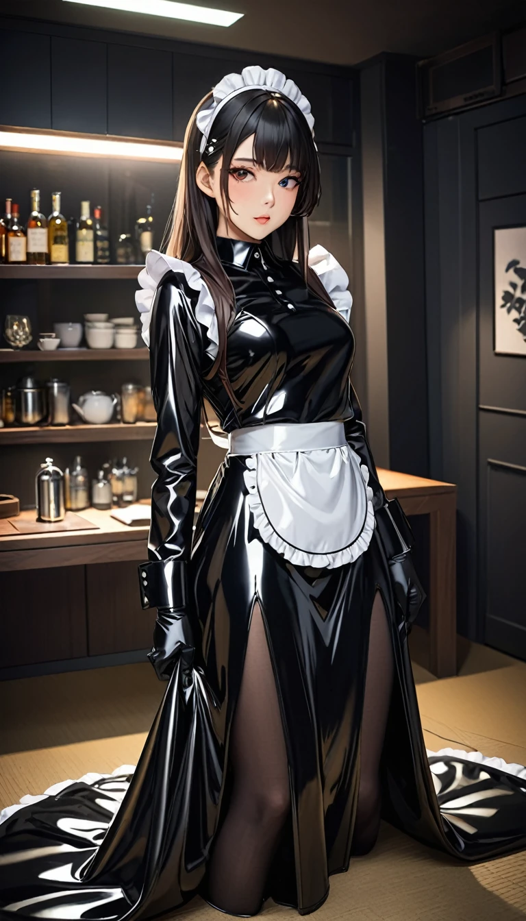 Portraiture、(masterpiece,Highest quality,Ultra-high resolution),Japanese women, (((Very beautiful 25 year old girl))),(White latex maid dress)、(((Latex Long Skirt)))、(A long-sleeved latex shirt that covers the upper body)、Latex Long Gloves、Latex socks、(Latex bodysuit)、The clothes fit snugly to the body、Latex is very shiny、Standing on the riverbank、