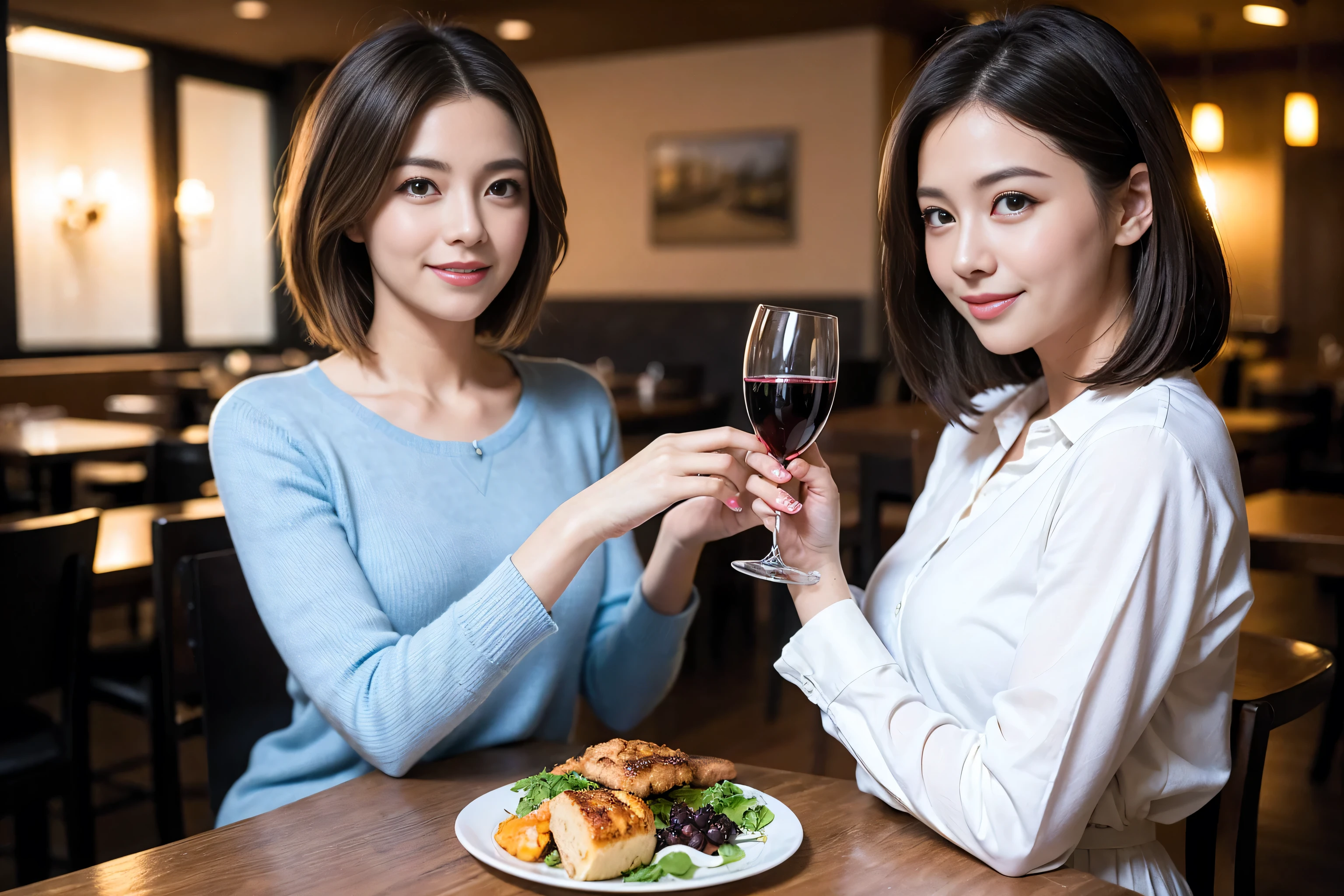 ((highest quality、8k、masterpiece:1.3))、Sharp focus:1.2、Wine Party 、1 male and 1 female、couple、Lovers Couple、Beautiful woman perfect body:1.4、Slim body、((Bob Hale、Straight hair:1.2))、(to be born, highest quality, masterpiece:1.5), (Realistic, Intricate details:1.2), Ultra-high resolution, Facial Lighting、Amazing view of the sunset sky and clouds、Amazing mountain views、A bright smile、wine glass、red wine 、Appetizers、Italian food、Wine bottle、Champagne、sparkling wine、, Beautiful Face, blue eyes, The light shines on your face, Blushing, short hair,Bright Face、 (36 years old), 39 years old, Lady、Two beauties、Brown Hair、Shortcuts、Long sleeve shirt、dress、Pretty Woman 1, (Slim face), (The body is slim), (Brown Hair), (Shortcuts), cheeks turn a little red,Attractive beauty、, Out of the window, A beautiful and detailed night view unfolds.........., restaurant, In a prominent place (From the waist up) Nova Frog Style, actress, model, Upper Body, White wine, slim, wine glass, Wine glass placed in the center, smile, (smile: 1.15), Beautiful fine grain, Depth f/2,saturation, High Contrast, Strong light and shadow,Moist Body:1.5、3D texture、Delicate eyes、Brown Hair、The hair is very shiny、