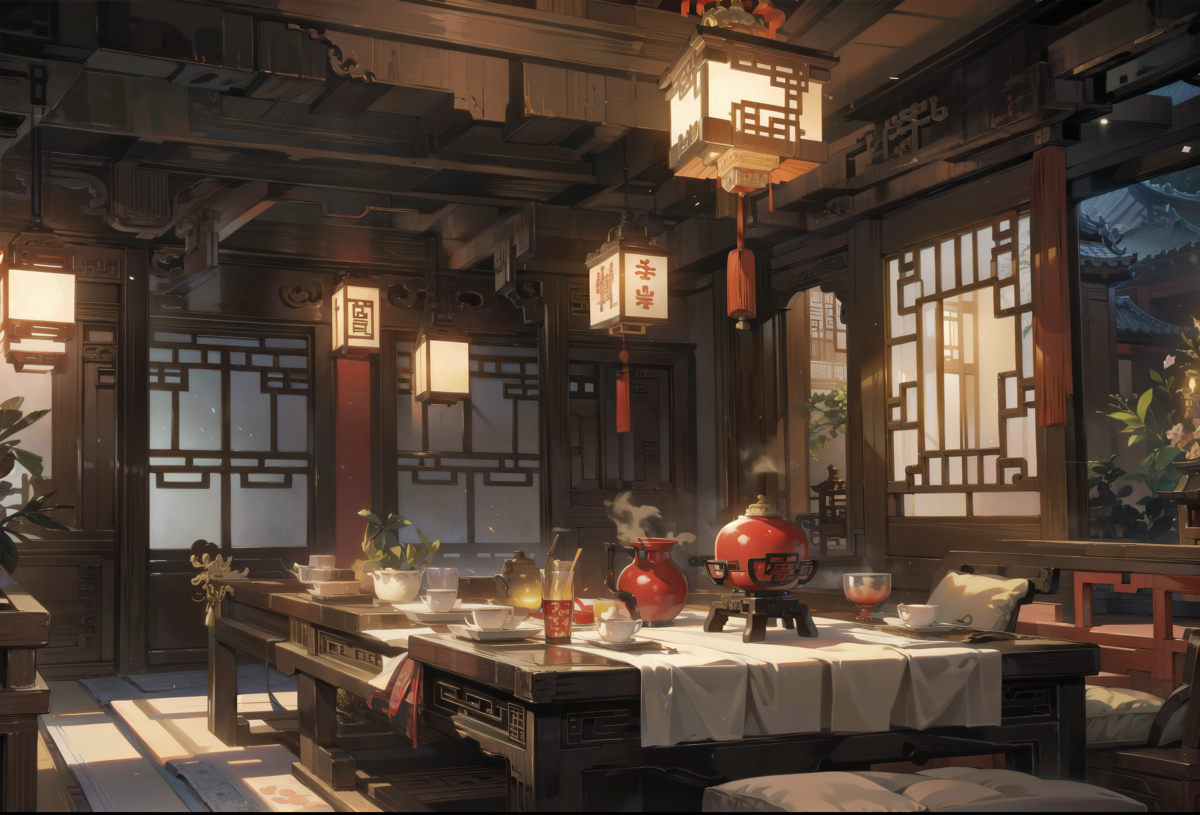 inside Old ancient chinese mansion, ancient traditional mansion, mansion, bright colors, stunning mansion, detailed chinese mansion, indoors, scene, scenery, background, rich ancient chinese mansion indoors, luxury, detailed, kithchen, ancient chinese kithen, ancient chinese dining room, night, night time