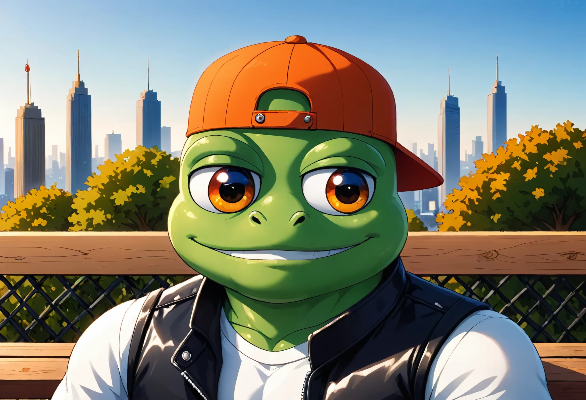 (masterpiece in maximum 16K resolution, superb quality, ultra detailed:1.3), muscular pepe the frog, solo, frog, anthropomorphic, amphibian, smiling, pepe_frog, ((close-up front view)), sitting on the ornate bench in the autumn park and ((holding a cute kitten)) in its hands, wearing a stylish leather jackets, T-shirt, ((a backwards cap)), under the blooming canopy, cityscape in the distance.
