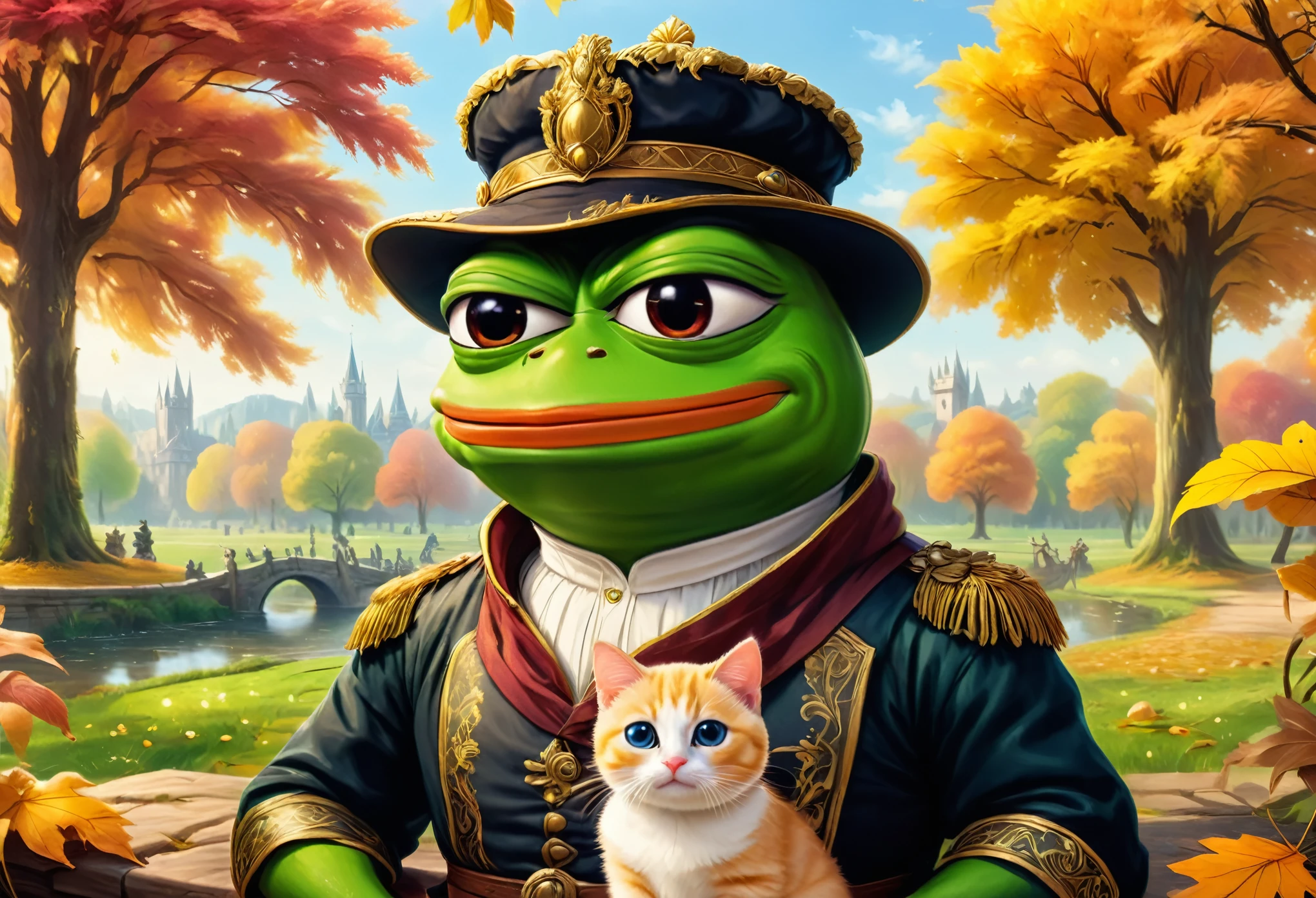 (masterpiece in maximum 16K resolution, superb quality, ultra detailed:1.3), muscular pepe the frog, solo, frog, anthropomorphic, amphibian, smiling, pepe_frog, ((close-up front view)), sitting on the ornate bench in the autumn park and ((holding a cute kitten)) in its hands, wearing a stylish leather jackets, T-shirt, ((a backwards cap)), under the blooming canopy, cityscape in the distance.
