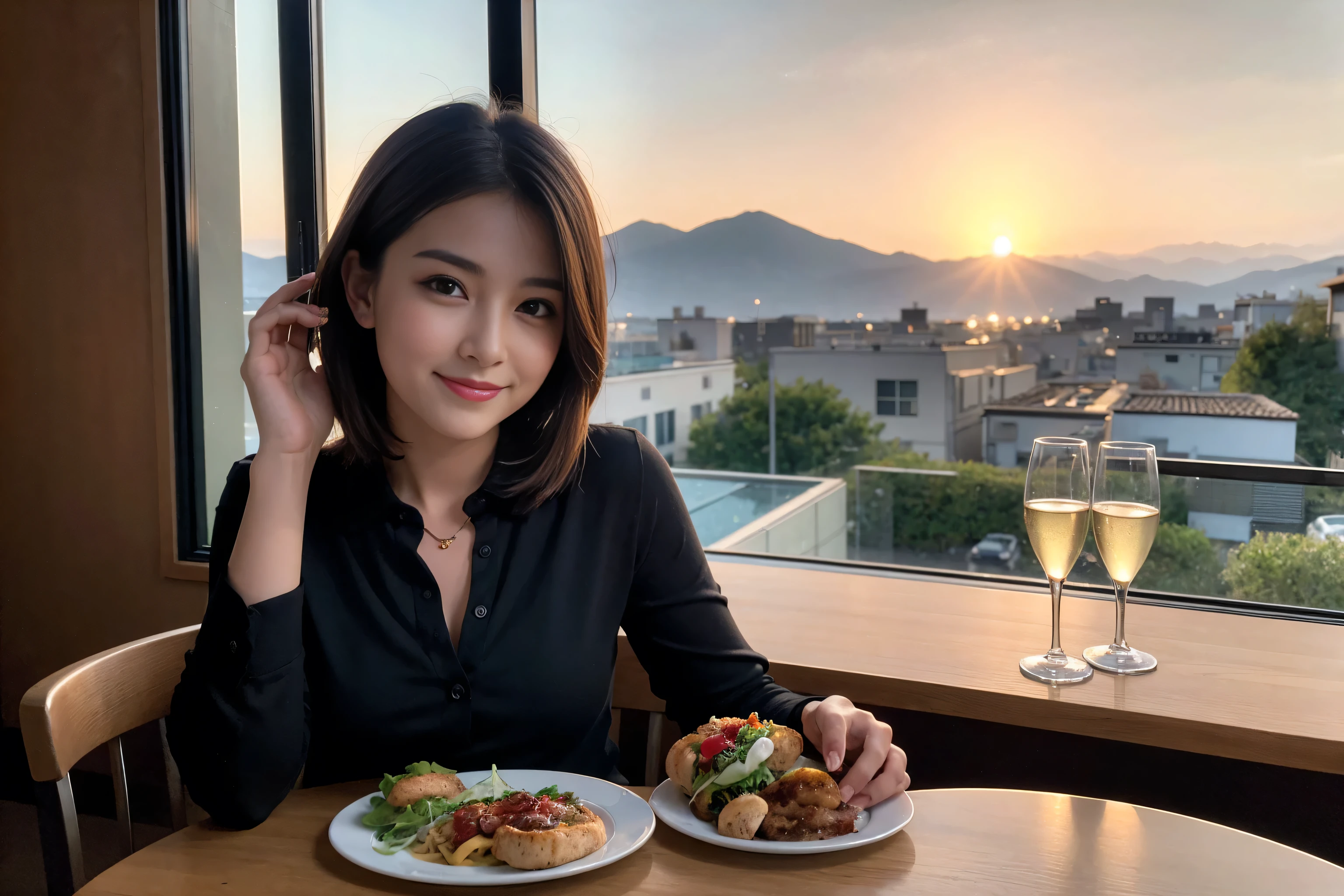 ((highest quality、8k、masterpiece:1.3))、Sharp focus:1.2、Wine Party 、1 male and 1 female、couple、Lovers Couple、Beautiful woman perfect body:1.4、Slim body、((Bob Hale、Straight hair:1.2))、(to be born, highest quality, masterpiece:1.5), (Realistic, Intricate details:1.2), Ultra-high resolution, Facial Lighting、Amazing view of the sunset sky and clouds、Amazing mountain views、A bright smile、wine glass、red wine 、Appetizers、Italian food、Wine bottle、Champagne、sparkling wine、, Beautiful Face, blue eyes, The light shines on your face, Blushing, short hair,Bright Face、 (36 years old), 39 years old, Lady、Two beauties、Brown Hair、Shortcuts、Long sleeve shirt、dress、Pretty Woman 1, (Slim face), (The body is slim), (Brown Hair), (Shortcuts), cheeks turn a little red,Attractive beauty、, Out of the window, A beautiful and detailed night view unfolds.........., restaurant, In a prominent place (From the waist up) Nova Frog Style, actress, model, Upper Body, White wine, slim, wine glass, Wine glass placed in the center, smile, (smile: 1.15), Beautiful fine grain, Depth f/2,saturation, High Contrast, Strong light and shadow,Moist Body:1.5、3D texture、Delicate eyes、Brown Hair、The hair is very shiny、