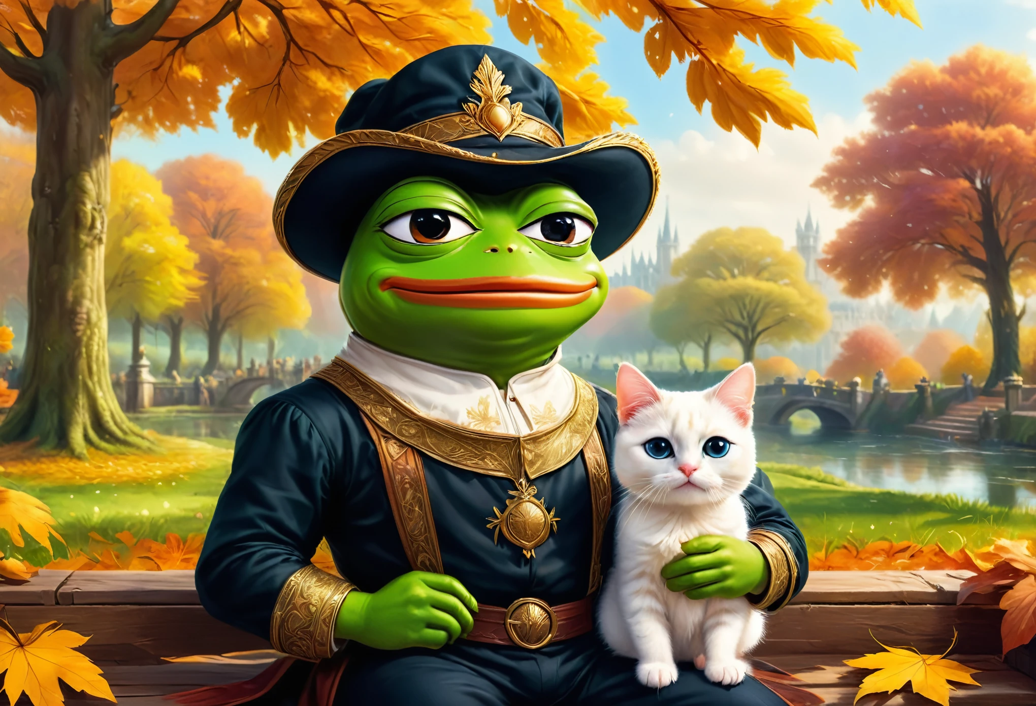 (masterpiece in maximum 16K resolution, superb quality, ultra detailed:1.3), muscular pepe the frog, solo, frog, anthropomorphic, amphibian, smiling, pepe_frog, ((close-up front view)), sitting on the ornate bench in the autumn park and ((holding a cute kitten)) in its hands, wearing a stylish leather jackets, T-shirt, ((a backwards cap)), under the blooming canopy, cityscape in the distance.
