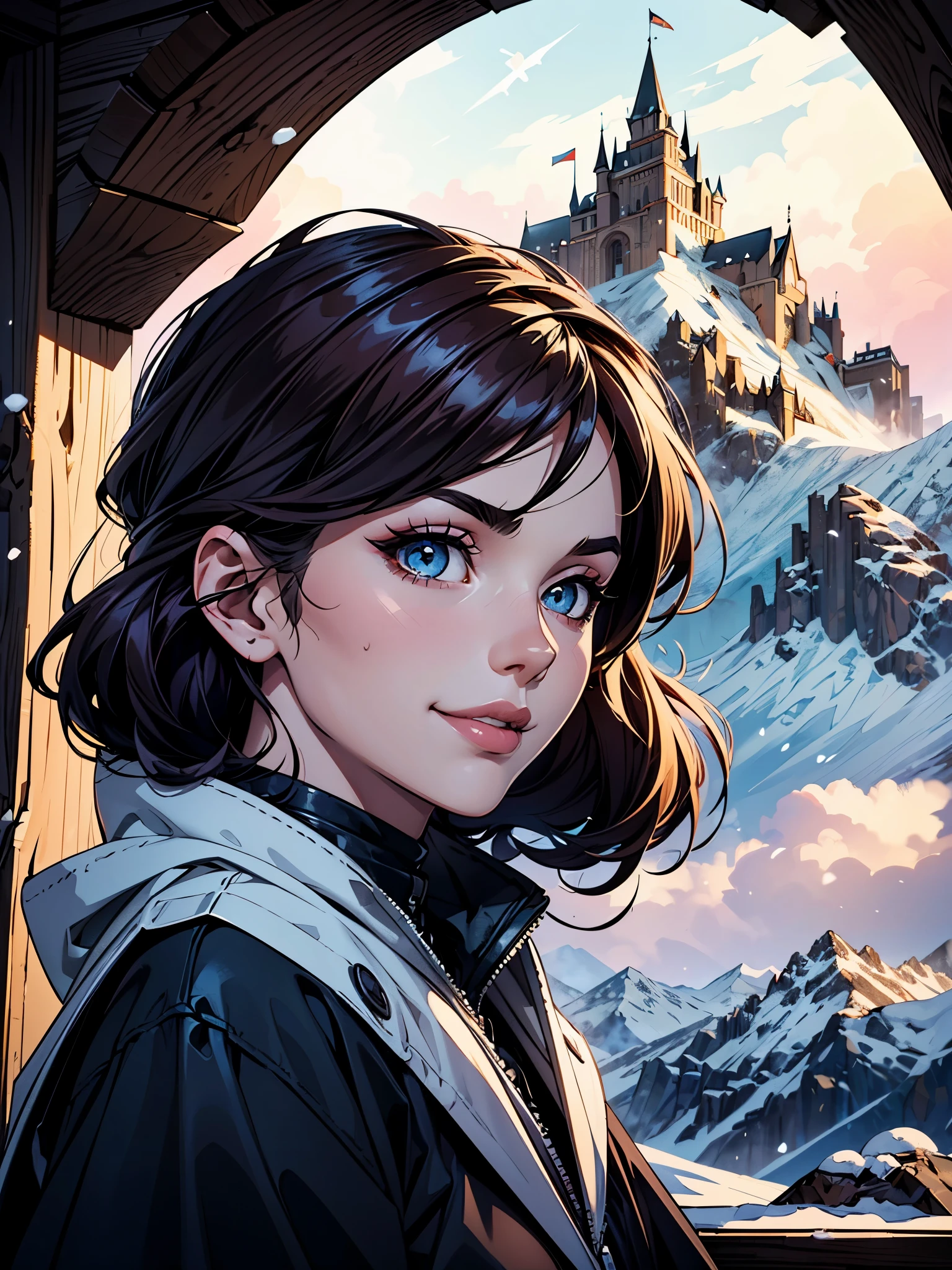 ((master piece)),best quality, illustration, dark, 1girl, In the wilderness,High mountain,Snow-capped mountains in the distance, castle, beautiful detailed eyes, beautiful detailed hair, smirk, sultry look, seductive,