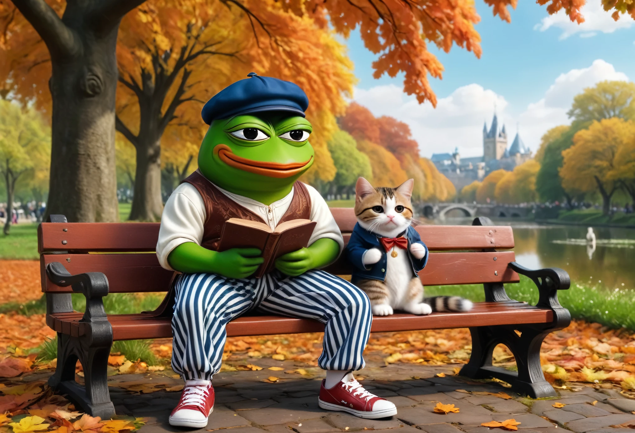 (masterpiece in maximum 16K resolution, superb quality, ultra detailed:1.3), (cute cartoon style), muscular pepe the frog, solo, frog, anthropomorphic, amphibian, smiling, pepe_frog, ((close-up front view)), sitting on the ornate bench in the autumn park and ((holding a cute kitten)) in its hands, wearing a stylish ((medieval poet attire)), flat feathered cap, striped loose pants, under the blooming canopy, cityscape in the distance.
