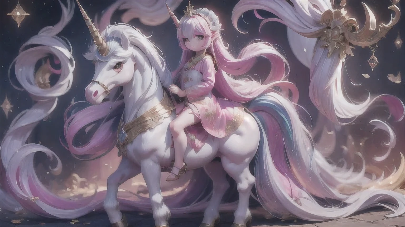 there is a unicorn with a long mane and a pink dress, white unicorn, unicorn, a unicorn, 8k high quality detailed art, 4 k detail fantasy, 4k fantasy art, detailed digital anime art, trending on artstation pixiv, 2. 5 d cgi anime fantasy artwork, 