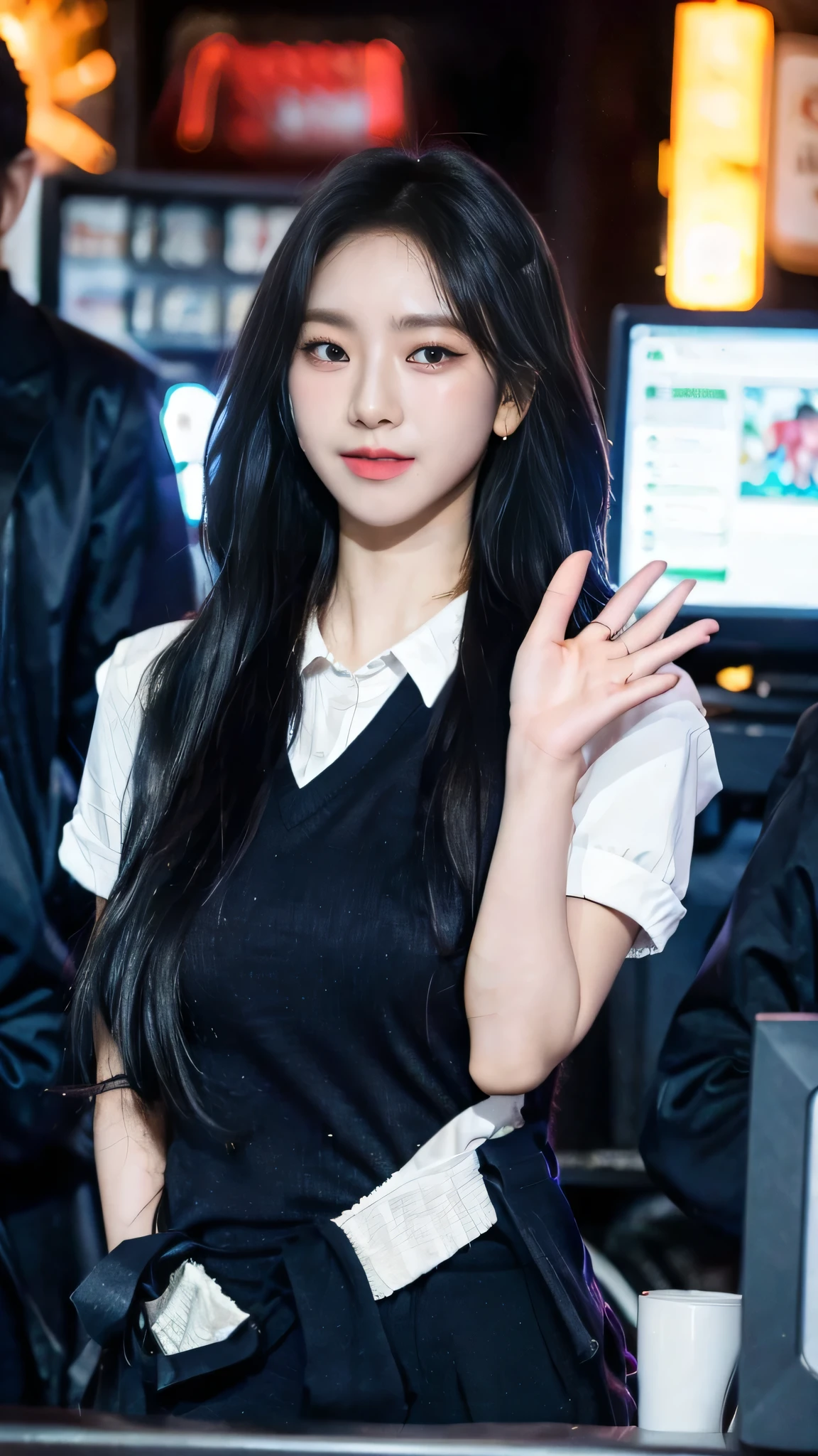 muste piece、High resolution、convenience store of the future、Convenience store clerk、16 year old female、1girl clerk、looking at the camera、smile、Finished as pictured、The cashier is also beautiful、Her skin is white and beautiful、short and beautiful hair、inner color、hair should be tied back、Clerk's uniform、