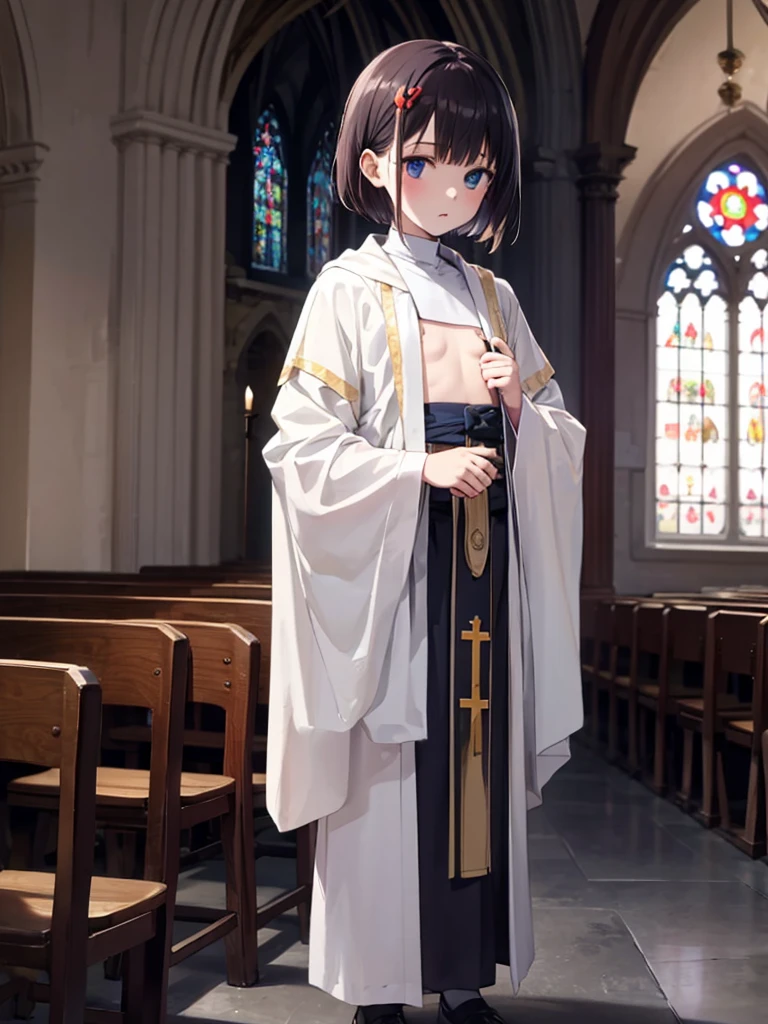 masterpiece, best quality, 1 girl, solo, 8 years old, (flat chest), MShizukaV4, Monastic Clothes, church, full body,