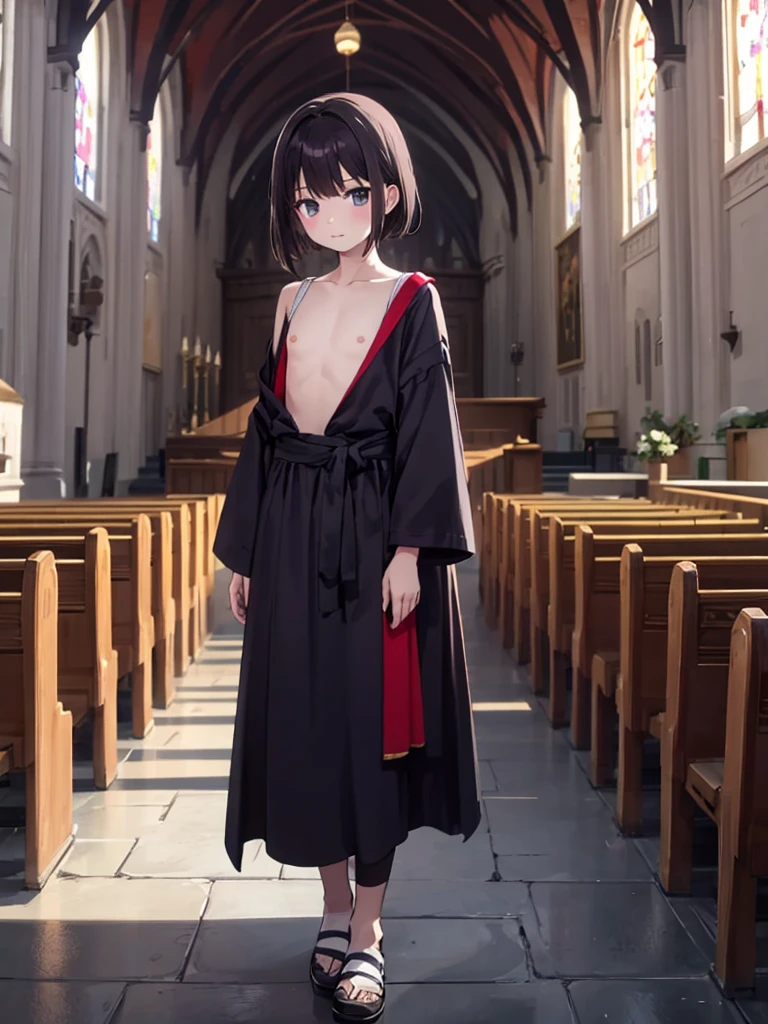 masterpiece, best quality, 1 girl, solo, 8 , (flat chest), MShizukaV4, Monastic Clothes, church, full body,