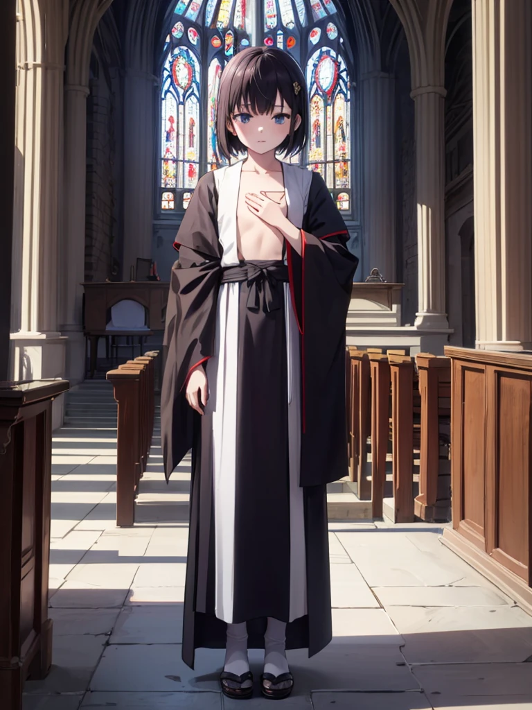 masterpiece, best quality, 1 girl, solo, 8 years old, (flat chest), MShizukaV4, Monastic Clothes, church, full body,