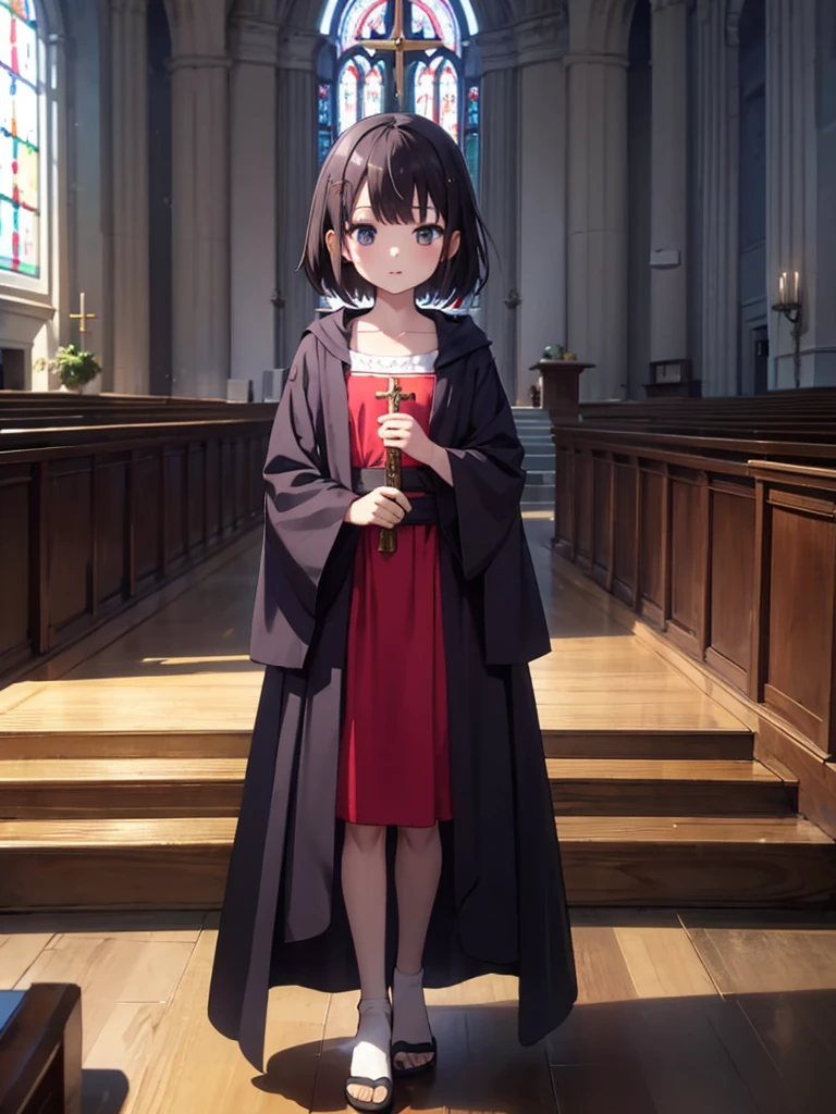 masterpiece, best quality, 1 girl, solo, 8 years old, (flat chest), MShizukaV4, Monastic Clothes, church, full body,