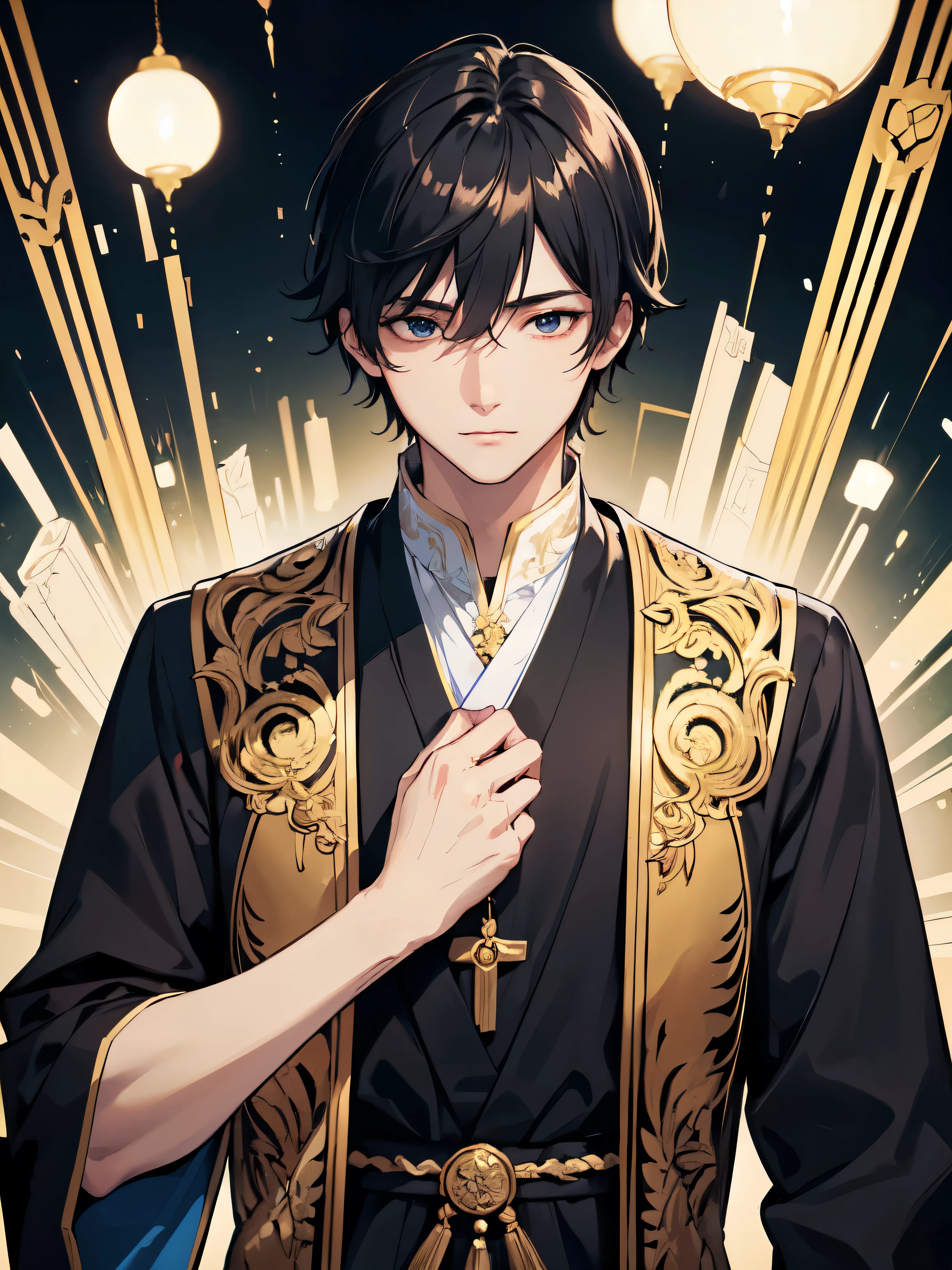 first-class、high resolution、high contrast、 (best illumination、very delicate and beautiful)、One young man、male、A man wearing a black hoodie、The face is hidden、suspicious、Less exposure、whole body、Are standing、Priest wearing gorgeous ceremonial clothes、anime style