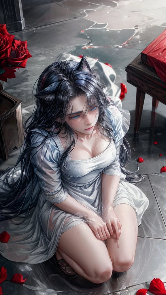 a tall young man with white long hair and cat ears, bright shimmering blue eyes, extremely detailed,looking up at the camera with flushed cheeks and tears in his eyes, rosy cheeks,tear drops glowing, teary eyes,soaked lashes,emotional expression,intense sadness,dripping tears, true-to-life textures,highly refined details,wearing a white apron with wet stains, kneeling on the floor of a dark room, perfect anatomical structure, rose petals scattered around in red and blue, artistic composition,breathtaking realism,masterful craftsmanship,highly emotional scene, moisture in the air, stark contrast, precise contours,striking emotion,touching portrayal,painstaking attention to detail,aesthetically pleasing,heart-wrenching,deeply moving artistry-v6