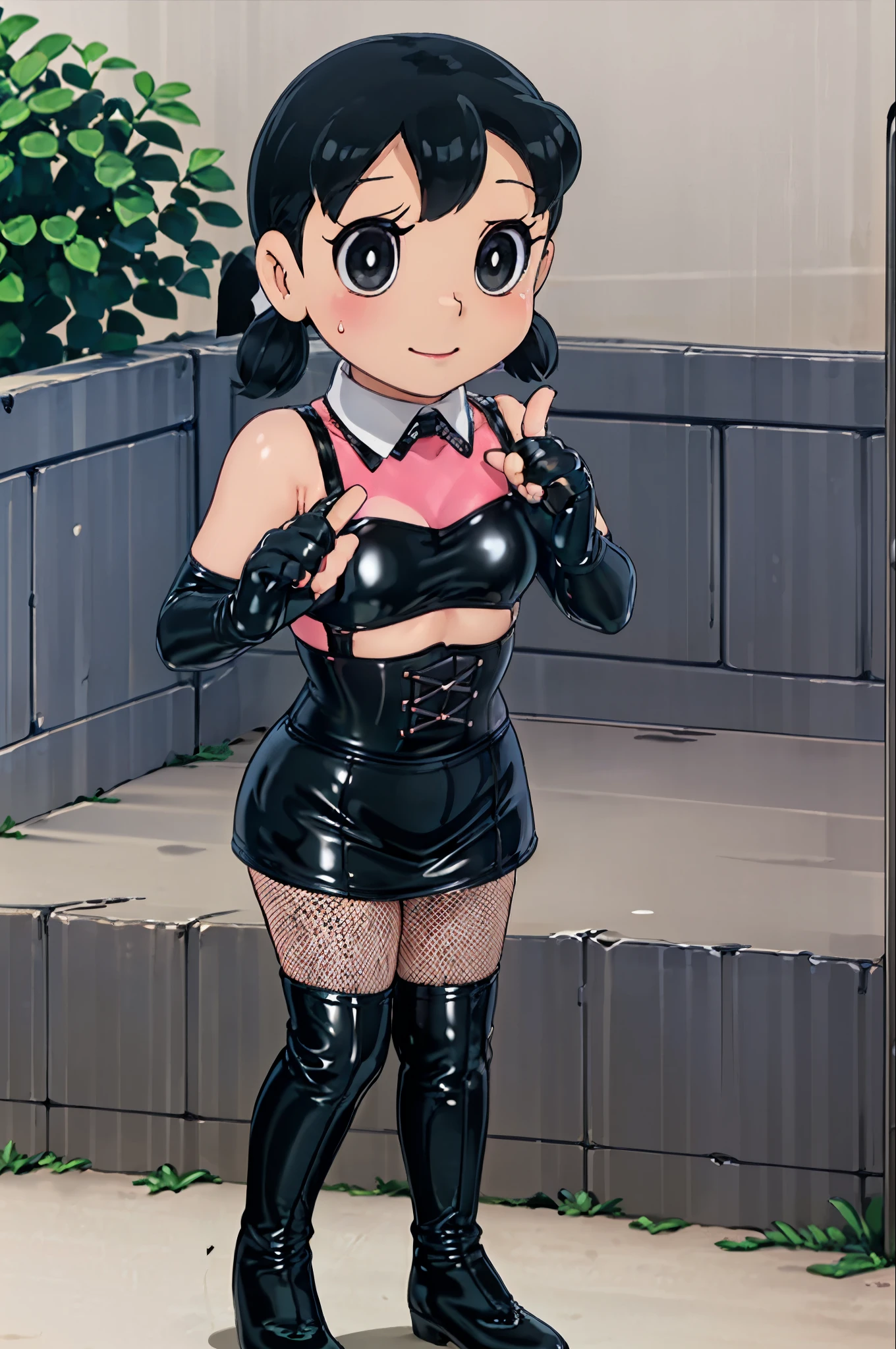 (((chibi:1.2)))、(((Lori:1.2)))、(((Child body type:1.2 )))、BDSM、Queen、mistress、(((One girl)))、solo、(((Long gloves covered to the fingertips in black latex:1.4 )))、(((Black latex corset dress:1.4)))、(((The corset dress is decorated with beautiful lace.)))、(((halter neck corset dress)))、(((Black latex tight mini skirt:1.4)))、(((Black Thigh Boots)))、(((Black fishnet stockings:1.2 )))、Stiletto heels、(((Black latex panties)))、(((Black latex bra)))、(((Black leather collar)))、(((Sexy pose:1.4 )))、Wide-open legs:1.2、(((Erotic)))、(((Cowboy Shot)))、(((Full Body Shot)))、Shizuka-chan、Staring at the audience、Wicked Smile、Cold Stare、Frowning、blush:1.4、Sweat