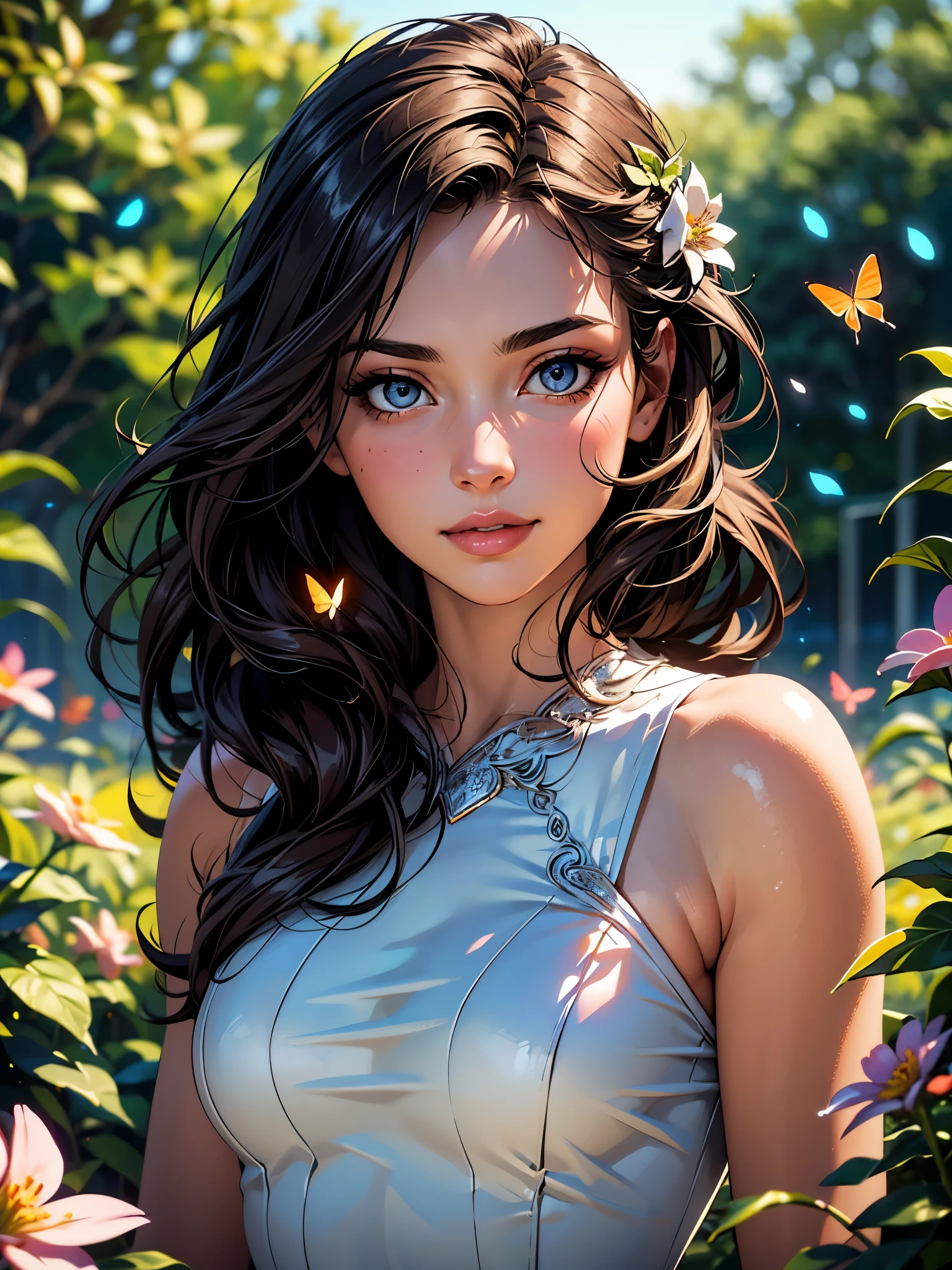 best quality,8k,highres,masterpiece:1.2,ultra-detailed,realistic,beautiful detailed eyes,beautiful detailed lips,extremely detailed eyes and face,long eyelashes,feminine features,fair complexion,relaxed expression,elegant posture,soft natural light,serene garden setting,blossoming flowers,colorful butterflies,dappled sunlight,flowing hair,floaty dress,graceful movement,harmonious colors,subtle color palette,artistic composition,impressionist style,romantic atmosphere,blurred background, smirk, sultry look, seductive, 