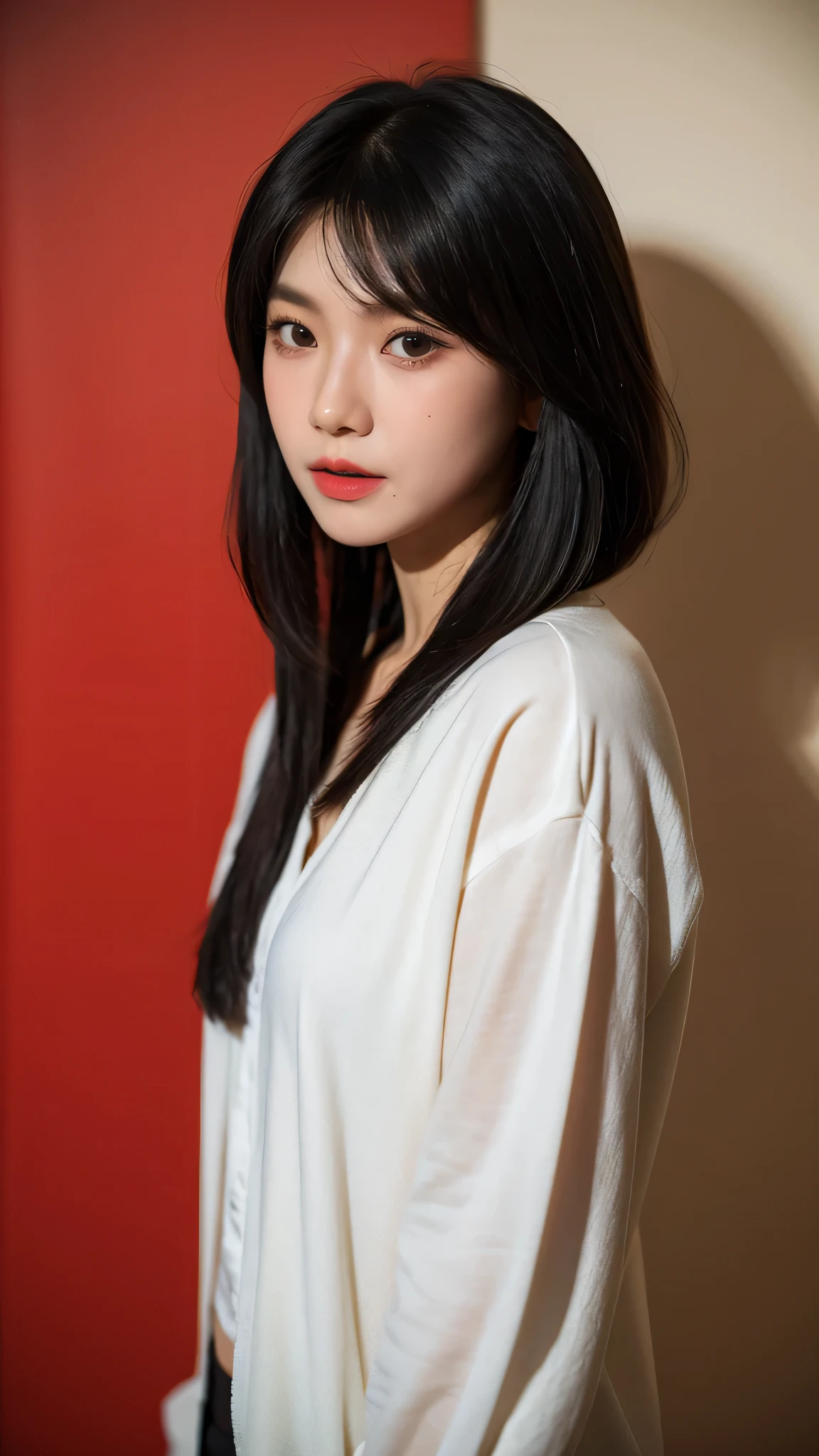 (Very fine eye), (((Fabric Shading))), (((highest quality))), (((masterpiece))) Bullish girl, (((Realistic))), Black Hair, Black Hair, Black Hair, Black Hair, chic hairstyle, ((Straight medium bob, nice hair)), Light makeup,Red eyes, I'm not wearing lipstick,(((Retro-futuristic outfits))), ((Retro pose)), (((Game CG)) (nice, Saucy, It Girl), Strong night atmosphere, Has a strong retro feel, Cowboy Shot, Mid Shot, Centered Images, Focus on the camera, Elegant colors,Realistic Skin,Realistic texture,8k,whole body,,Korean women,Her Black Hair, Medium Bob Cut,(((In terrible ruins))),Red iris,Expressionless,(((He is wearing a big black down jacket. ))),Glaring,Perfect Face,(((Big eyes))),She is wearing wide black hip-hop style pants.,Mouth closed,Watching the audience,Roseanne Park from Blackpink, Trending on cgstation, Trending on cgstation, Black Pink's Joshi, portrait of aespaのウィンター,She is wearing black streetwear, Woman in black streetwear, Photo of a woman in black tech clothing, Girl wearing black hoodie, Cyberpunk Streetwear, Portrait of Jossi in Blackpink, Cyberpunk Streetwear street fashion e-girl,Have a credit card