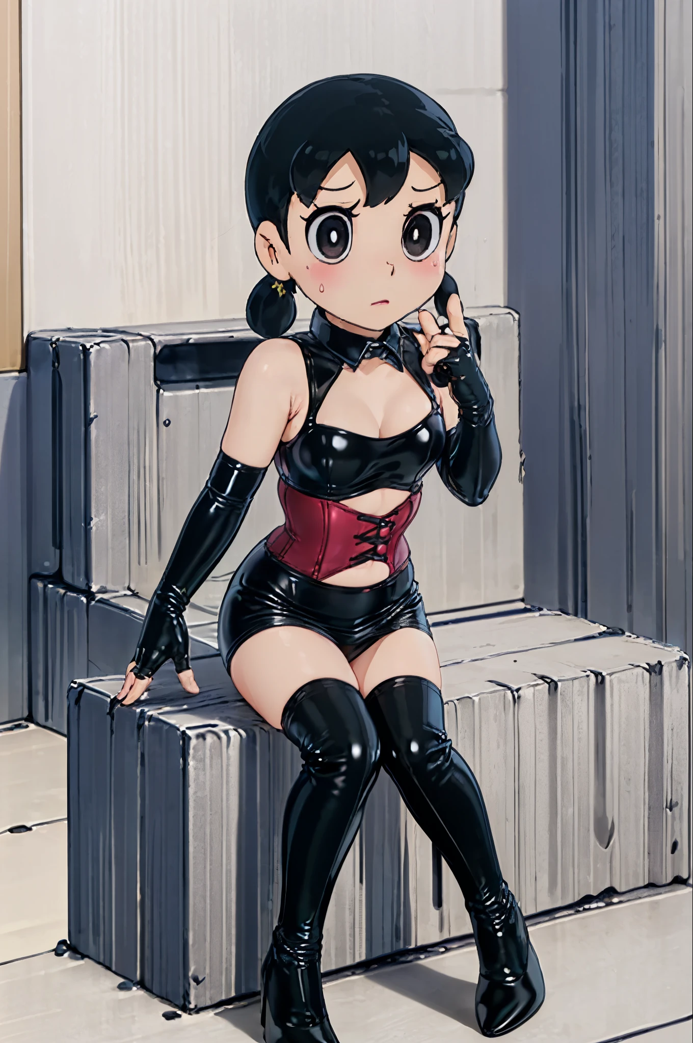 (((chibi:1.4)))、(((Lori:1.4)))、((( body type:1.4)))、BDSM、Queen、mistress、(((One girl)))、solo、(((Long gloves covered to the fingertips in black latex:1.4 )))、(((Black latex corset dress:1.4)))、(((The corset dress is decorated with beautiful lace.)))、(((halter neck corset dress:1.4)))、(((Black latex tight mini skirt:1.4)))、(((Black Thigh Boots)))、(((Black fishnet stockings:1.2 )))、(((Stiletto heels:1.4)))、(((Black latex panties)))、(((Black latex bra)))、(((Black leather collar)))、(((Sexy pose:1.4 )))、Wide-open legs:1.2、Sitting、Place your hands on your hips、(((Erotic)))、(((Cowboy Shot)))、(((Full Body Shot)))、Shizuka-chan、Staring at the audience、Cold Stare、Frowning、Frowning、blush:1.4、Sweat