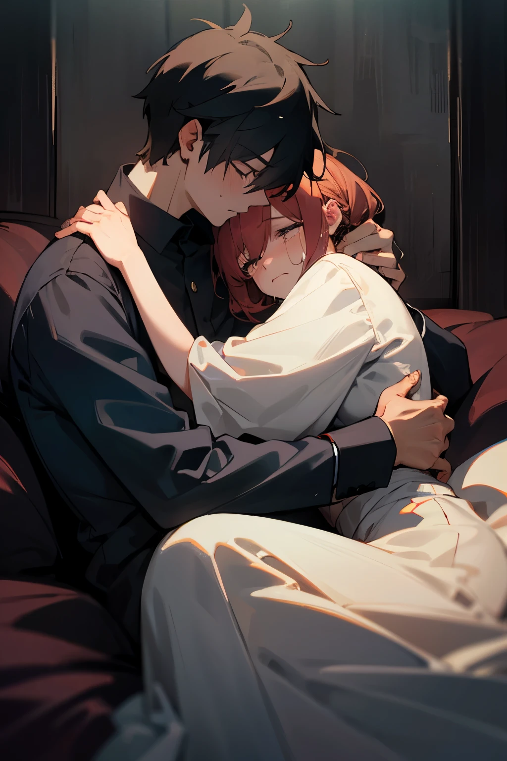 A man and a woman,Snuggle together,Night, Dark, Sad, Crying