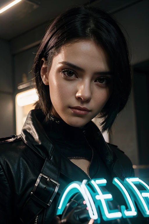 personagem cyberpunk com uma cicatriz pequena no rosto, cabelos pretos, em um lugar meio escuro e placas de neon