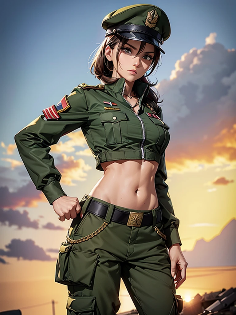 Women in crop top soldier uniform, soldier hat, medal on the chest, exposed abdomen area, very low waist cargo pants, navel, 45 years-old, high ranking , facing