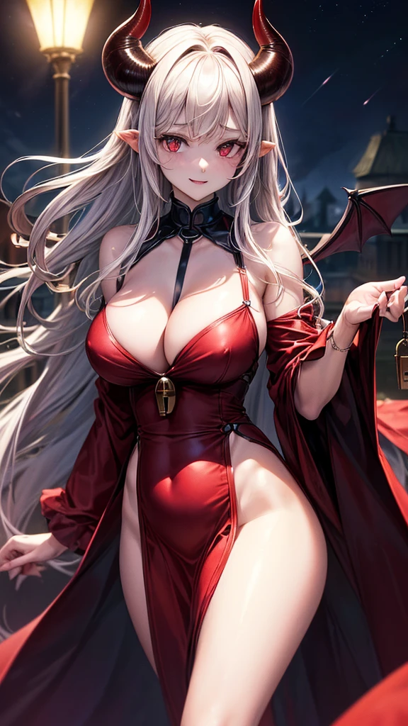 Masterpiece: 1.3, 1 girl ((35 years old, she is naked And without clothes, huge breasts, long black Combed to the left hair, beautiful face, perfect model body, big demon black horns, bright red eyes: 1.4, Maternal smile and Good face looking at the girl: 1.2, big dark-red lock in the background at night: 1.1, beautiful and energetic atmosphere: 1.2)