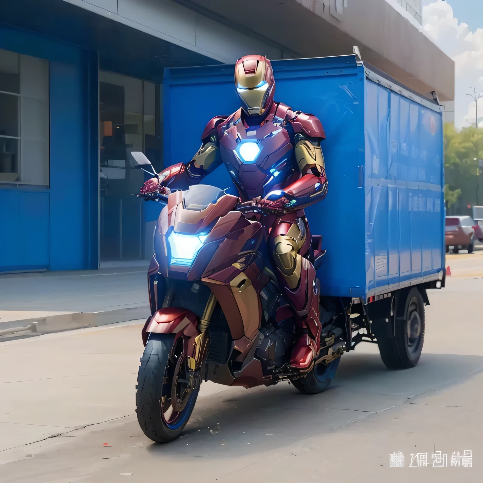 Aravud man in Iron Man costume riding a motorcycle with a trailer, iron Man, like iron Man, super Rendering in Octane Render, mkbhd as Iron Man, 🕹️ 😎 🔫 🤖 🚬, From the Avengers (2012), Created in Octane Render, Rendering in Octane Render, From the Avengers: End Game (2019), From the Avengers