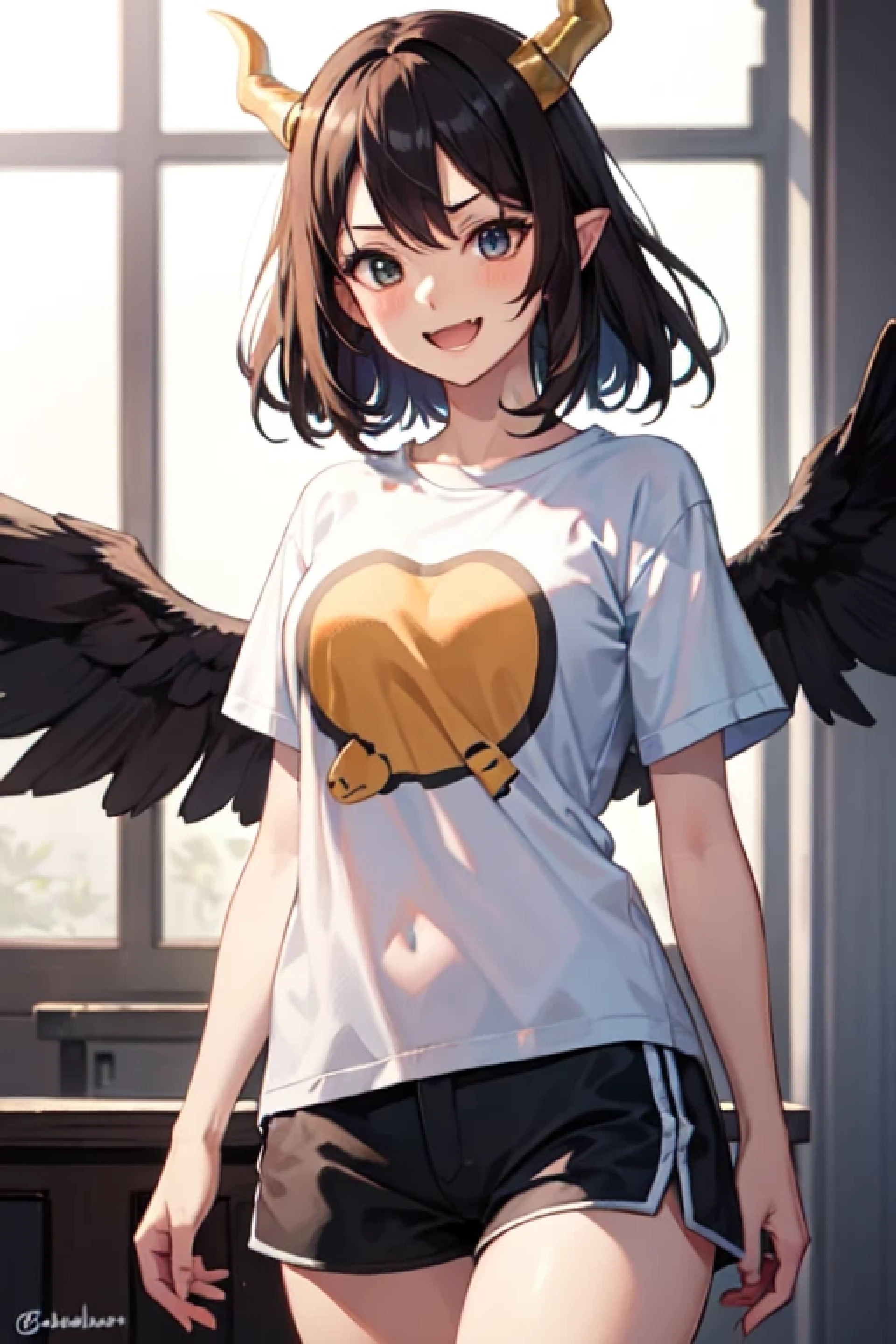 Girl on the forehead two horns shorts T-shirt wings smile hair in a rage