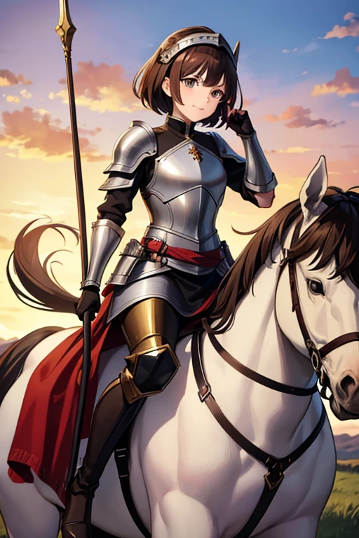 Anime drawings、Full body portrait、Fantasy world characters、A female heavy cavalry soldier wearing armor, about 175 cm tall and about 35 years old, riding a large horse with a spear in her hand.、Very short hairstyle、Brown Hair、Smiling with mouth closed、gloves、boots、Wearing a helmet on his head、Flat chest