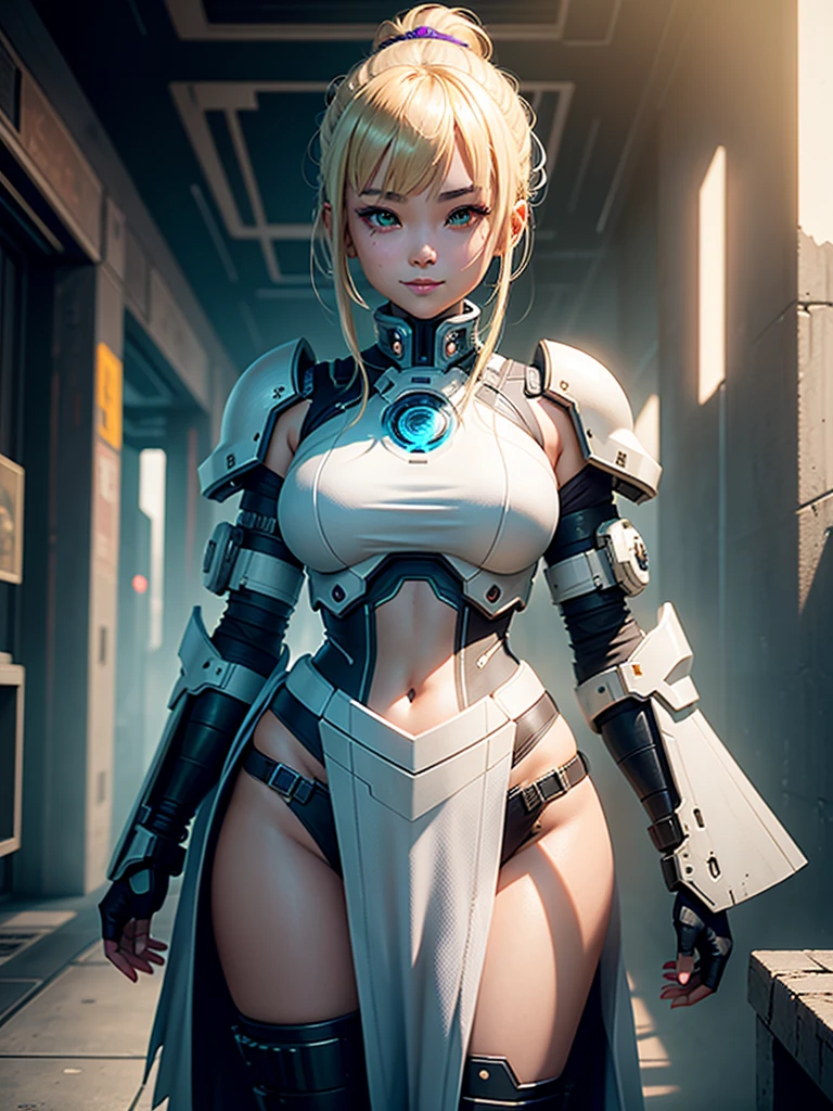 young girl type cyborg, ((full body)), ((nude)), blond hair, blue eyes, beautiful chest, ((her head, hands and legs are heavily armored)), standing with her legs spread apart, from below