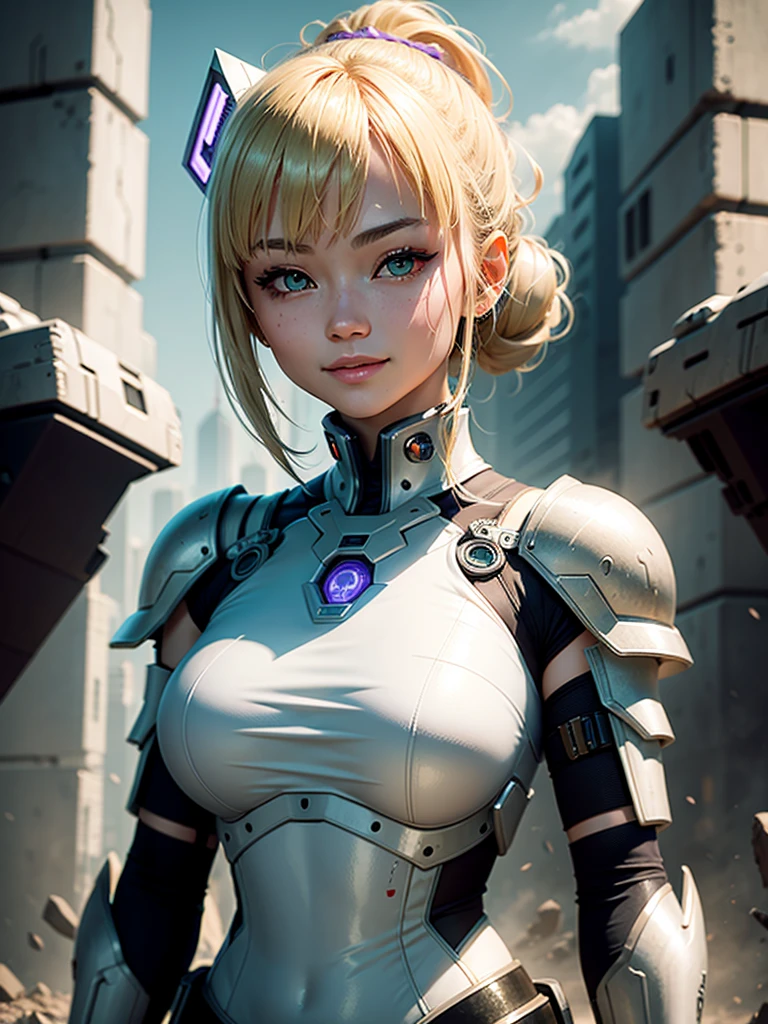 girl ，Asian Face，blonde，With bangs，hair tied up ，Big green eyes ，Smiling and looking at the camera  ，Second Dimension，She wears heavy sci-fi white armor，The lamp on the armor is purple ，Set against the backdrop of the ruins of a future war，There are also spaceships in the sky 。During the day，Background，Feeling，cyberpunk characters，change，lifelike，masterpiece。