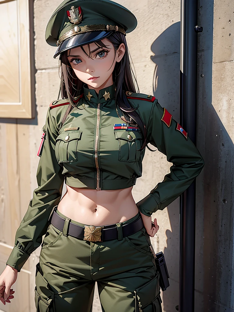 Women in crop top soldier uniform, soldier hat, medal on the chest, exposed abdomen area, very low waist cargo pants, navel, 45 years-old, high ranking , facing 0°