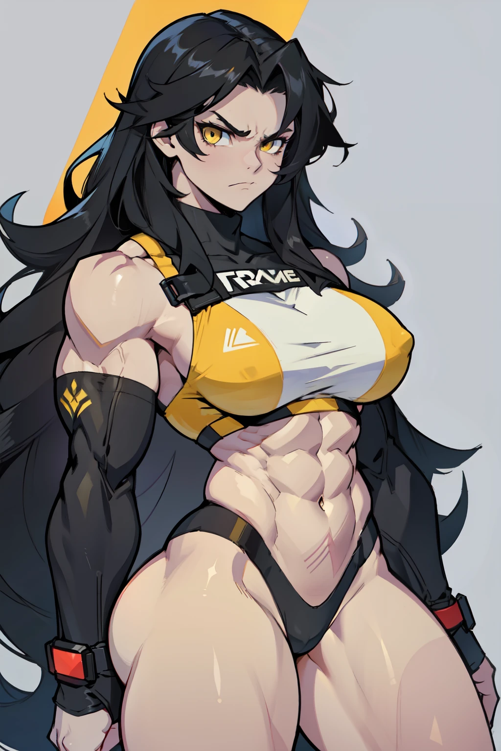 (1girl) pale skin huge breasts (muscular)) toned body thick thighs black hair yellow eyes (skimpy long hair grey background) bodybuilder angry