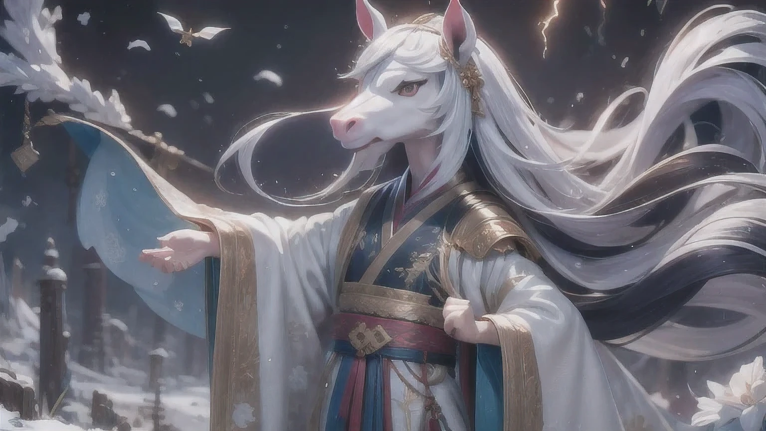 Horse-headed man,Lightning Blessing,Snow,Flowing silk hanfu,Domineering,Heart armor,Canyon landforms,