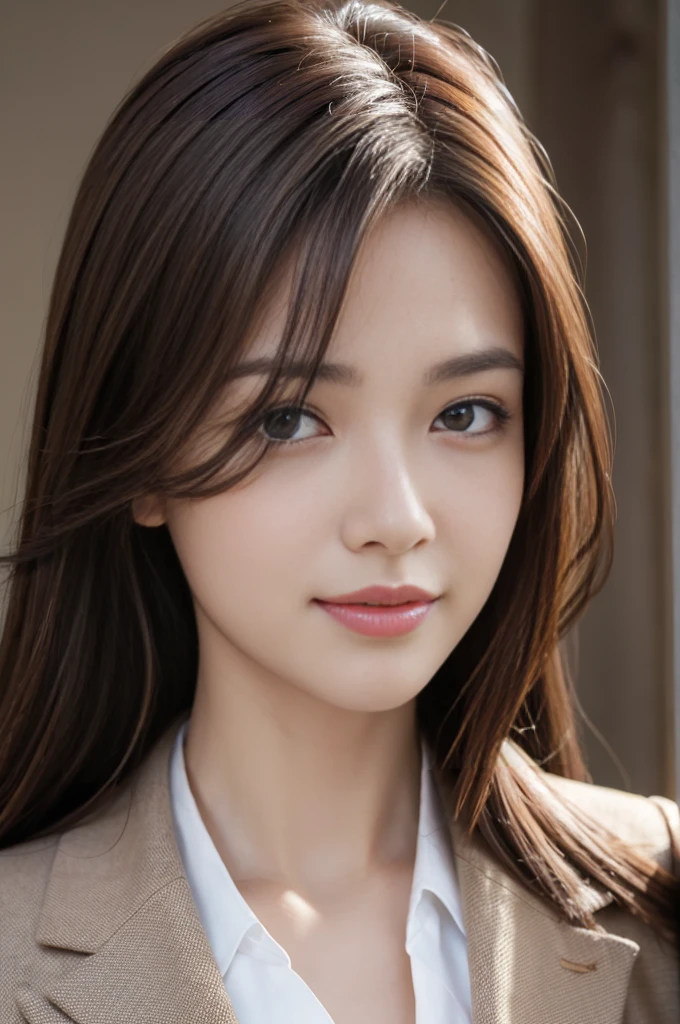 Best quality, Realistically, Extremely detailed, Detailed pubic hair, high resolution, Solid color background,8k wallpaper, 1 Beautiful woman,Light brown messy hair, Wear a flight attendant suit, Lock focus, Perfect dynamic composition, beautiful eyes, Fine hair, 细致Realistically的皮肤纹理, Smile, Close-up portrait, Model body shape