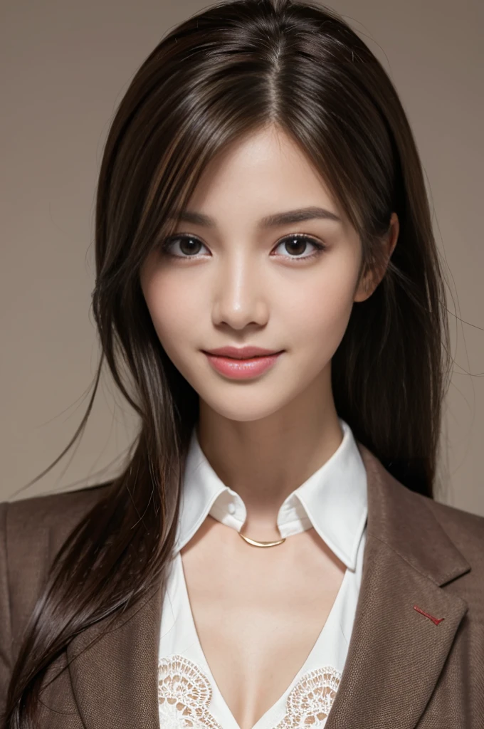 Best quality, Realistically, Extremely detailed, Detailed pubic hair, high resolution, Solid color background，8k wallpaper, 1 Beautiful woman,Light brown messy hair,  Wear a flight attendant suit, Lock focus, Perfect dynamic composition, beautiful eyes, Fine hair, 细致Realistically的皮肤纹理, Smile, Close-up portrait, Model body shape