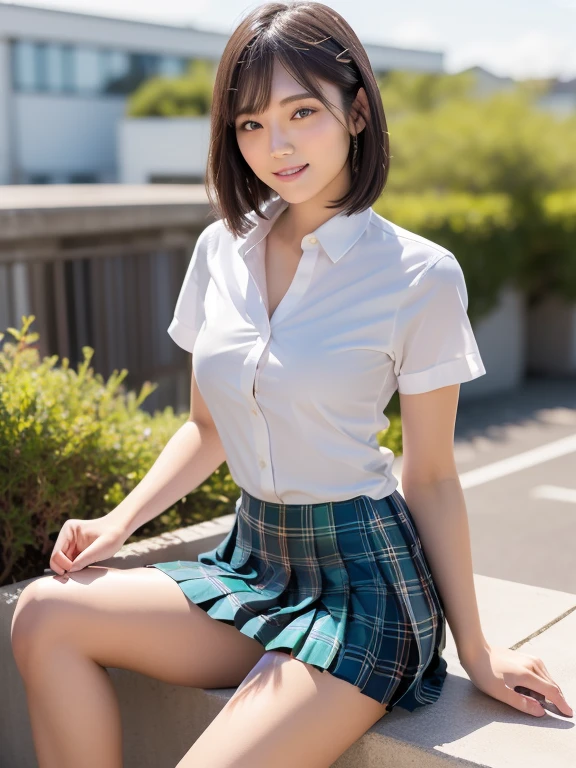 (Highest quality: 1.5), (Realistic: 1.5), (1 person: 1.5), Highly detailed, High resolution, 8k, slightly saggy medium breasts, Natural colored lips, Cute smile, Japanese woman, 20 year old girl, beautiful and graceful features, perfect and beautiful face, balanced big eyes, brunette eyes, beautiful and graceful features, natural double eyelids, natural bangs, beautiful thin nose, beautiful skin, medium bob hair , natural bangs , perfect and beautiful face, slim face and figure, blue summer sky,  socks, (looking at the camera with a sweet smile), bright lighting, professional lighting, forward lighting, beautiful legs: 1.2, smooth skin, slender body, slim waistline, slim thin thighs,  cleavage, detailed clothes, (short sleeve dress shirt:1.5), (Pleated skirt:1.5), plaid pleated micro mini skirt, short sleeve dress shirt, unbuttoned shirt to show cleavage, sit on the roof of the school, ,