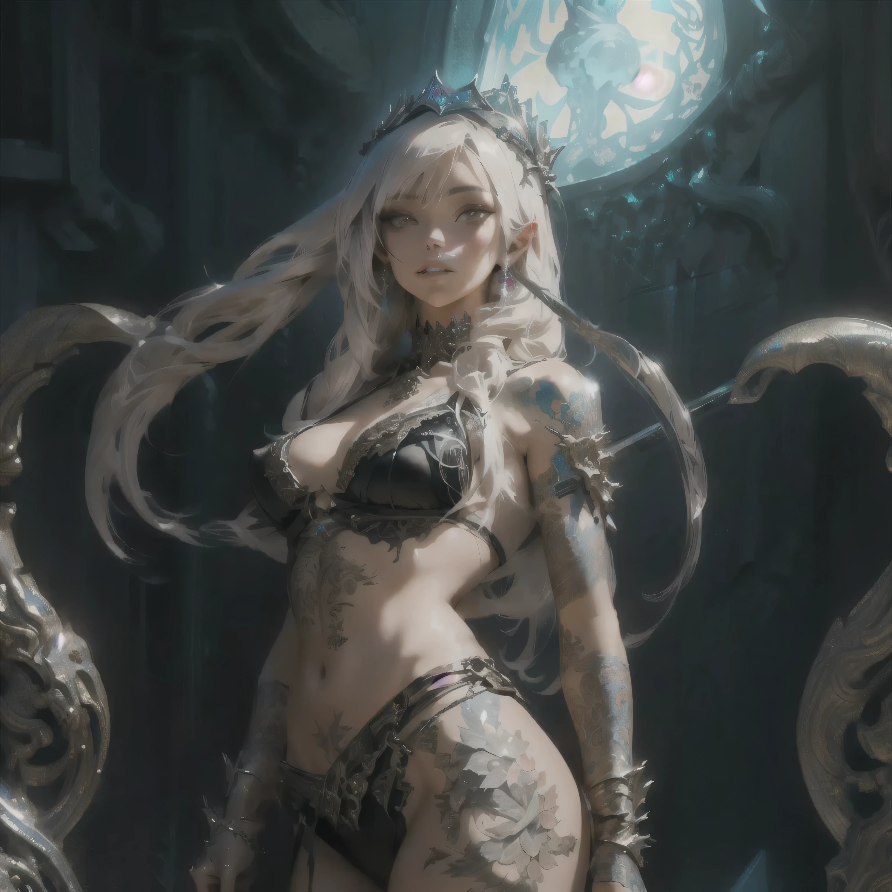 a woman with tattoos and a crown standing in a crystal clear wading pool with a dagger in her hand, hyperdetailed fantasy character, seductive cyberpunk dark fantasy, hyperrealistic fantasy art, ornate bikini armor, complex fantasy character, dark elf princess, fantasy woman, detailed fantasy art, goddess. extremely high detail, highly detailed fantasy art, digital fantasy art ), realistic fantasy artwork, epic fantasy art style hd
