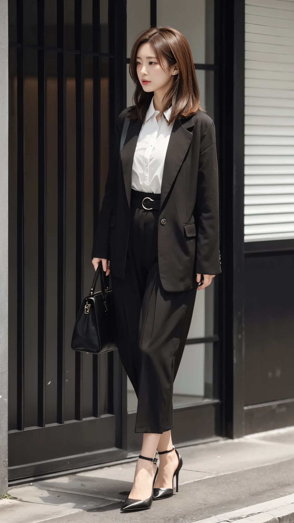 Wearing a black jacket and white shirt、Japanese women leaving the nest,Wearing a black emi-long hair:1.3), (Light brown hair:1.3), high waist,Wearing high heels,The background is gray,Full Body