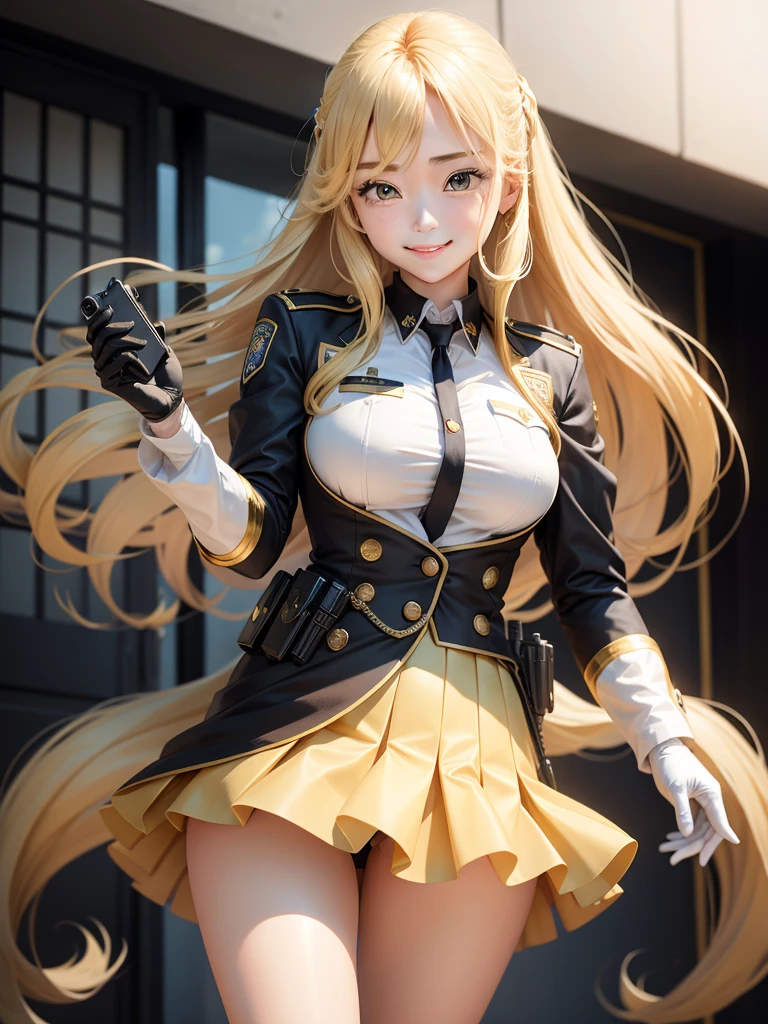 officer、long golden hair、Smile、Short skirt、White gloves、pistol,age Girl